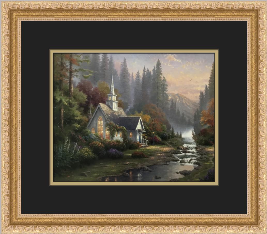 Thomas Kinkade The Forest Chapel Custom Framed Print: Thomas Kinkade The Forest Chapel Custom Framed Print Size: Medium Region Of Origin: United States Artist: Thomas Kinkade Production Technique: Offset Lithograph Framing: Matted & Framed Style: America