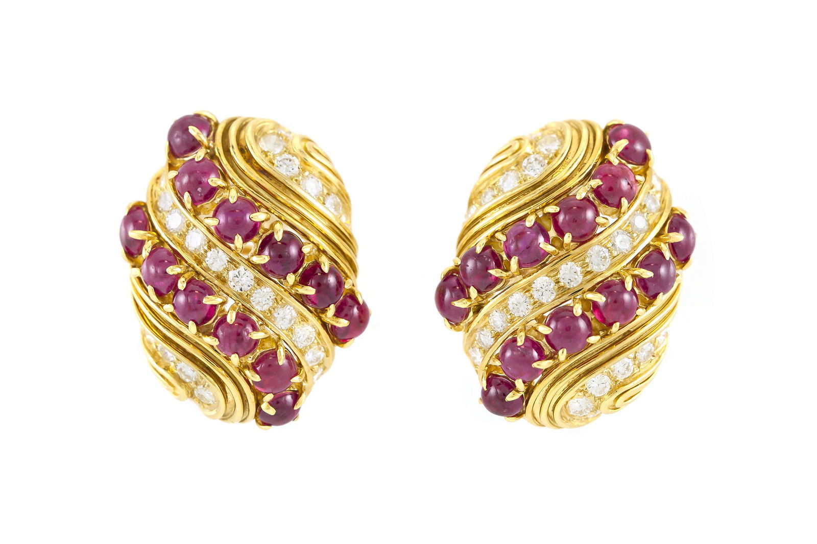 Harry Winston Cabochon Ruby and Diamond Earrings: Harry Winston Cabochon Ruby and Diamond Earrings Finely crafted in 18k yellow gold with cabochon rubies weighing a total of 9.34 carats and diamonds weighing a total of 1.74 carats.Singed by Harry Win