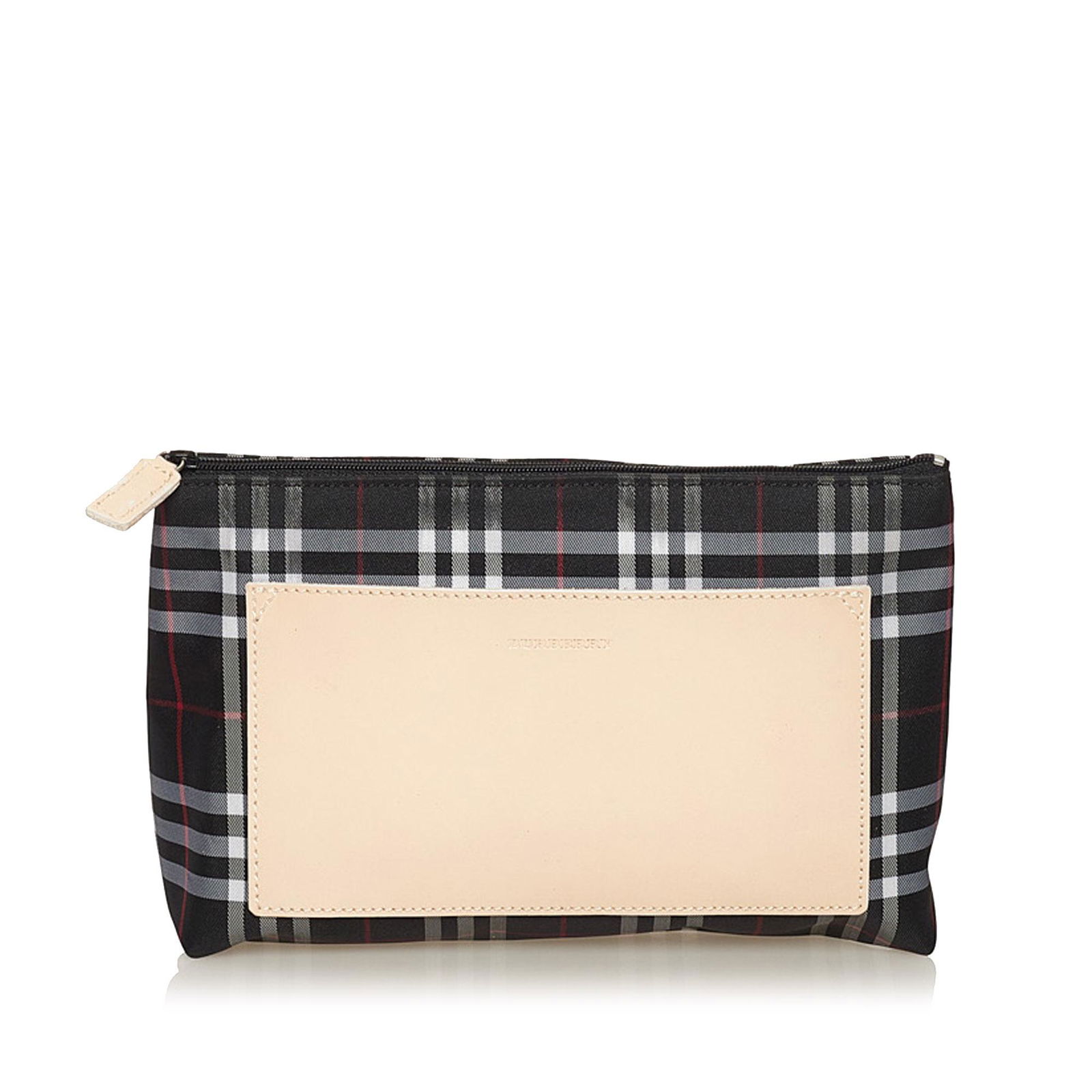 Burberry Tonal Check Pouch: Burberry Tonal Check Pouch This pouch features a canvas body with leather trim and a top zip closure. Brand: Burberry Model: Tonal Check Pouch Origin: Italy Category: SLG Color: Black Style: Material: