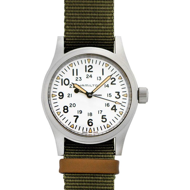 Hamilton Khaki Field: Hamilton Khaki Field Brand: Hamilton Model: Khaki Field Dealer product code: 12406A Movement: Manual winding Case material: Steel Bracelet material: Textile Year of production: 2022 Condition: New (Un