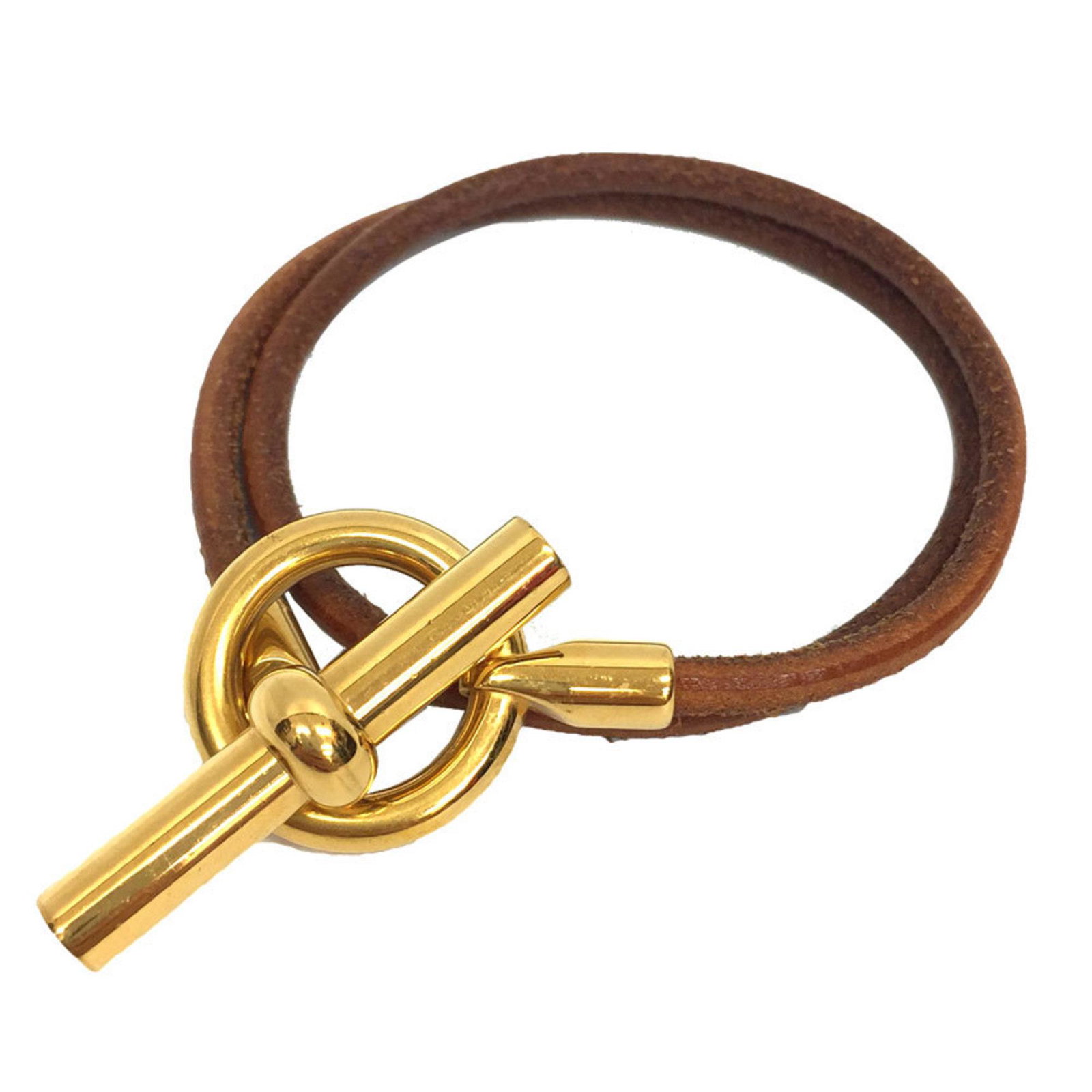 Hermes Grennan choker double bracelet leather brown x gold: Hermes Grennan choker double bracelet leather brown x gold Brand: Hermes Type: Charm bracelet Gender: Women Material: Brass Color: Brown Gold Stone: No Stone Total Length: 38cm / 14.96 Condition: Used