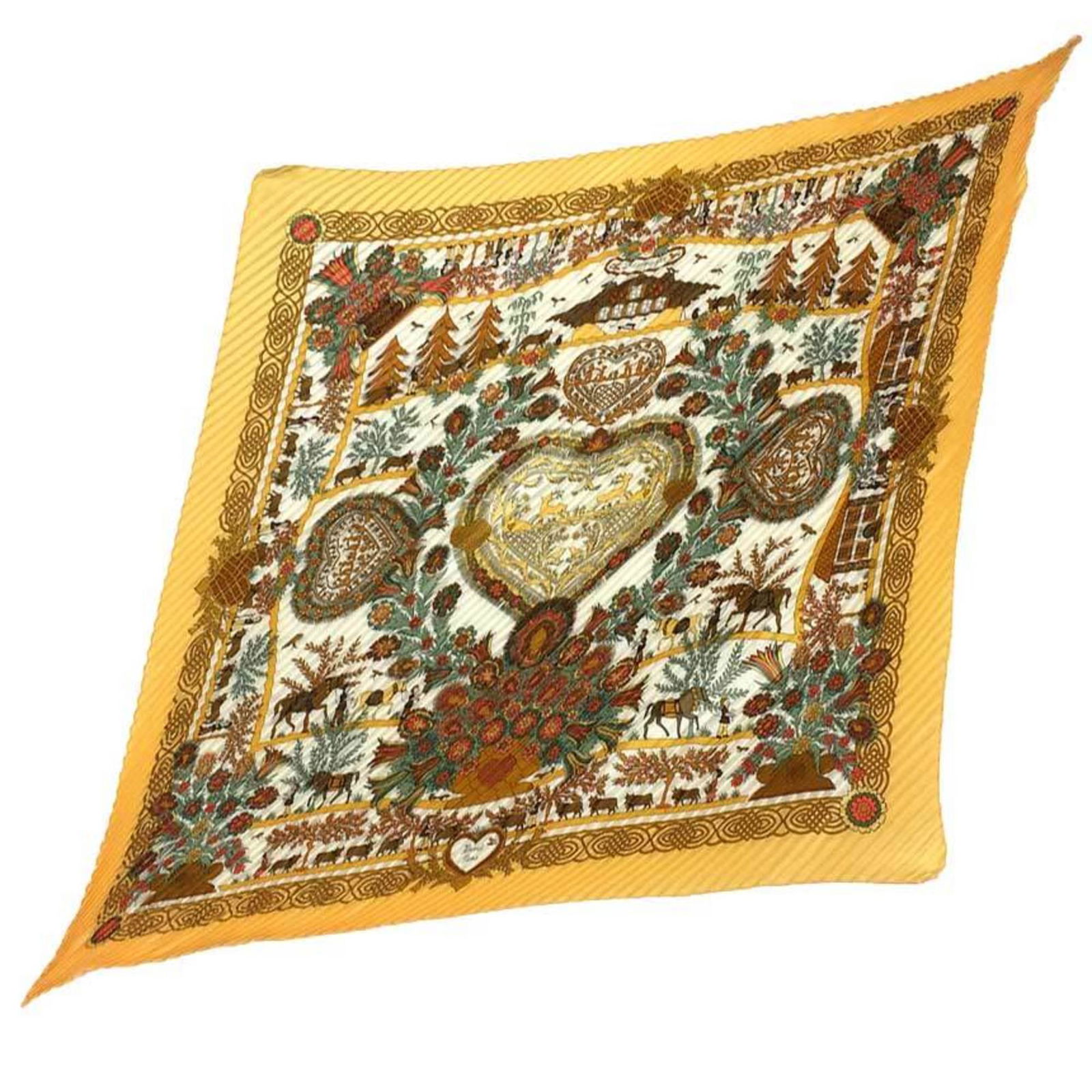 Hermes pleated scarf muffler curry 90 decoupages by Anne Rosat 100% silk yellow/multicolor: Hermes pleated scarf muffler curry 90 decoupages by Anne Rosat 100% silk yellow/multicolor Brand: Hermes Line: Pleated Scarf Country of Origin: France Type: Scarf Gender: Women Color: Multi-color Yell