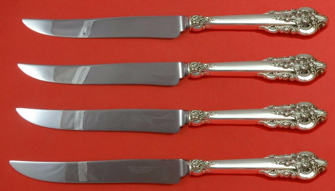 Grande Baroque by Wallace Sterling Silver Steak Knife Set 4pc Texas Sized Custom: Grande Baroque by Wallace Sterling Silver Steak Knife Set 4pc Texas Sized Custom Maker: Wallace Featured Refinements: Grand Baroque Silverware Composition: Sterling Silver Style: Baroque Age: Post-194