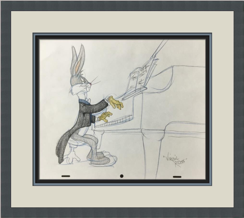 Virgil Ross Original Signed Model Sheet Drawing Bugs Bunny Pianist Custom Framed: Virgil Ross Original Signed Model Sheet Drawing Bugs Bunny Pianist Custom Framed Character: Bugs Bunny Animation Studio: Warner Bros Item Height: 10 in Item Width: 12 in Theme: Animation Inscribed: No