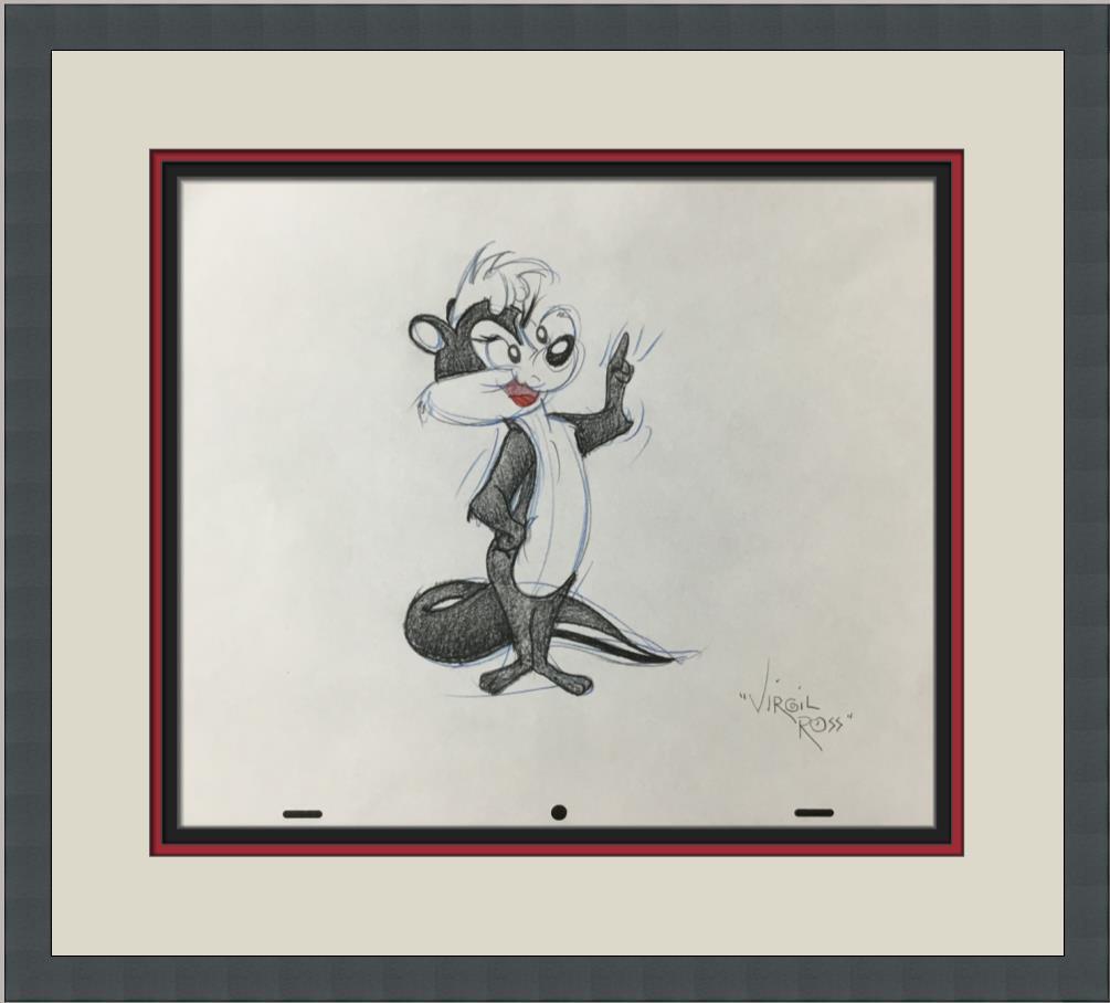 Virgil Ross Original Signed Model Sheet Drawing Pepe Le Pew Custom Framed: Virgil Ross Original Signed Model Sheet Drawing Pepe Le Pew Custom Framed Character: Pepe Le Pew Animation Studio: Warner Bros Item Height: 10 in Item Width: 12 in Theme: Animation Inscribed: No Type: