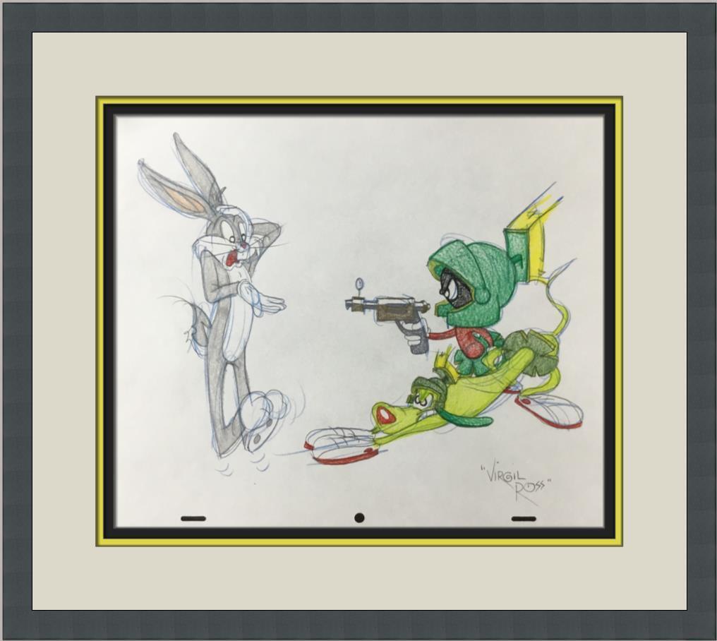 Virgil Ross Original Signed Model Sheet Drawing Marvin Bugs K9 Custom Framed: Virgil Ross Original Signed Model Sheet Drawing Marvin Bugs K9 Custom Framed Character: Marvin The Martian Bugs Bunny K9 Animation Studio: Warner Bros Item Height: 10 in Item Width: 12 in Theme: Anima