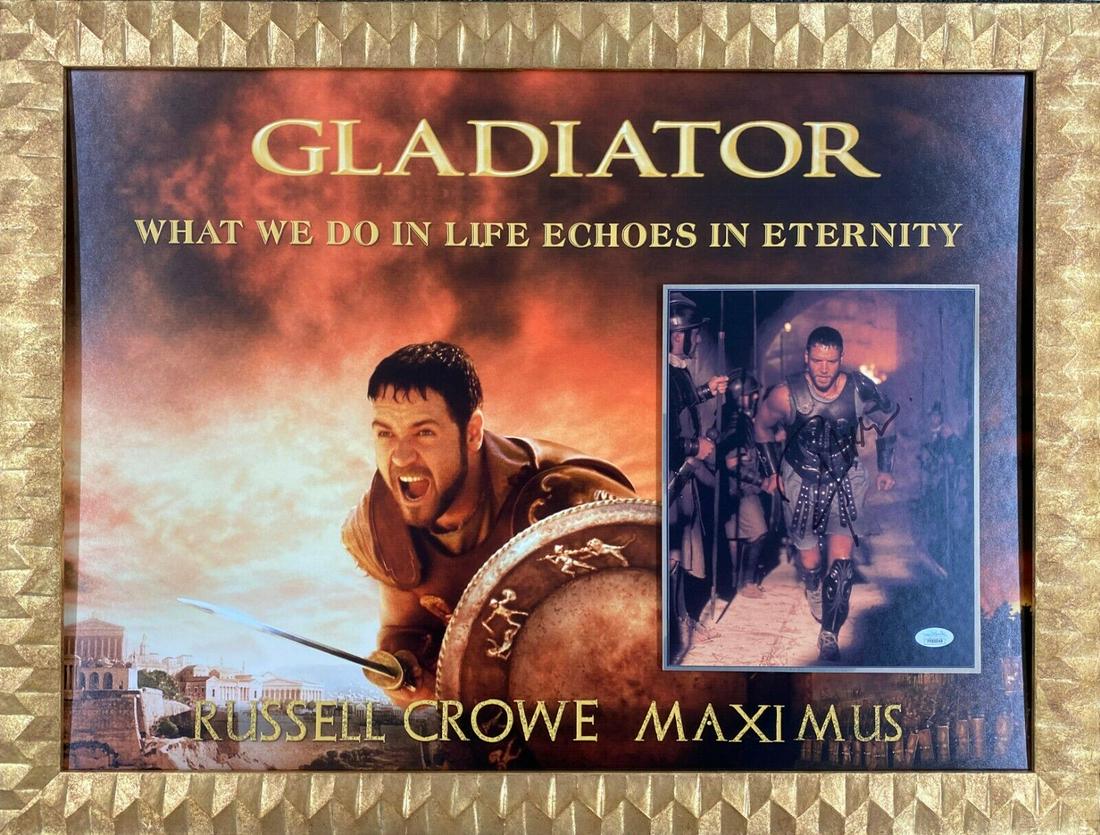 Russell Crowe Signed Gladiator Photo Custom Framed Display JSA COA: Russell Crowe Signed Gladiator Photo Custom Framed Display JSA COA Movie: Gladiator Autograph Authentication: James Spence (JSA) Industry: Movies Original/Reproduction: Original Signed By: Russell Cro