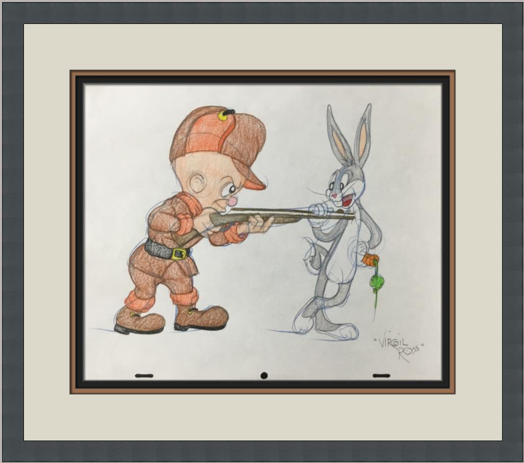 Virgil Ross Original Signed Model Sheet Drawing Elmer Bugs Custom Framed: Virgil Ross Original Signed Model Sheet Drawing Elmer Bugs Custom Framed Character: Elmer J Fudd Bugs Bunny Animation Studio: Warner Bros Item Height: 10 in Item Width: 12 in Theme: Animation Inscribe