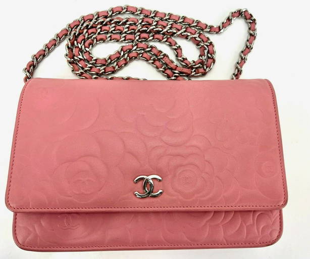 Authentic Chanel Pink Camellia Lambskin Leather Wallet on Chain/Clutch Bag