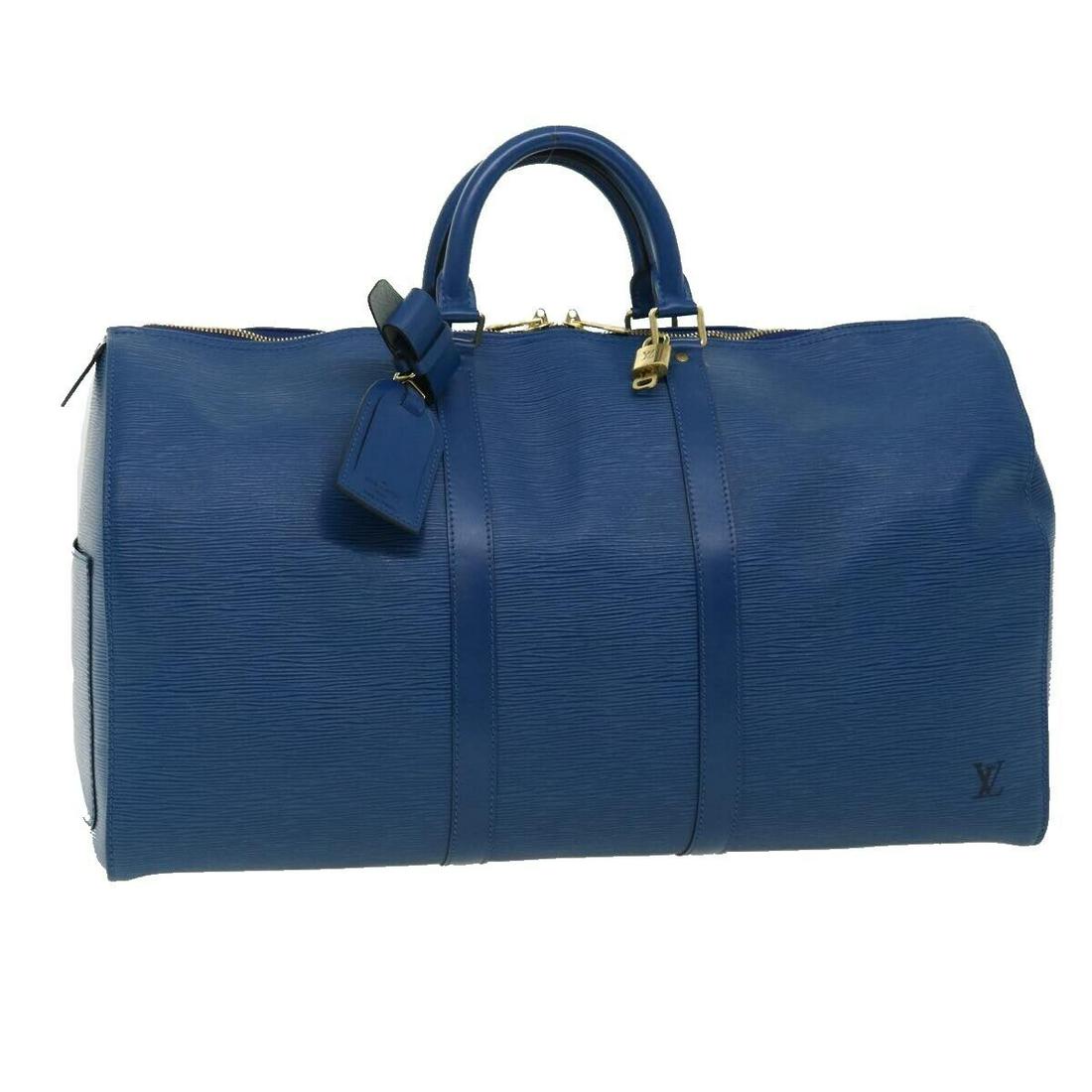 LOUIS VUITTON Epi Keepall 50 Boston Bag Blue M42965 LV: LOUIS VUITTON Epi Keepall 50 Boston Bag Blue M42965 LV Brand: LOUIS VUITTON Style: Boston Bag Material: Epi Leather Exterior Color: Blue Bag Height: 11.8inch(Approx) / 30cm(Approx) Bag Depth: 9.1inch(
