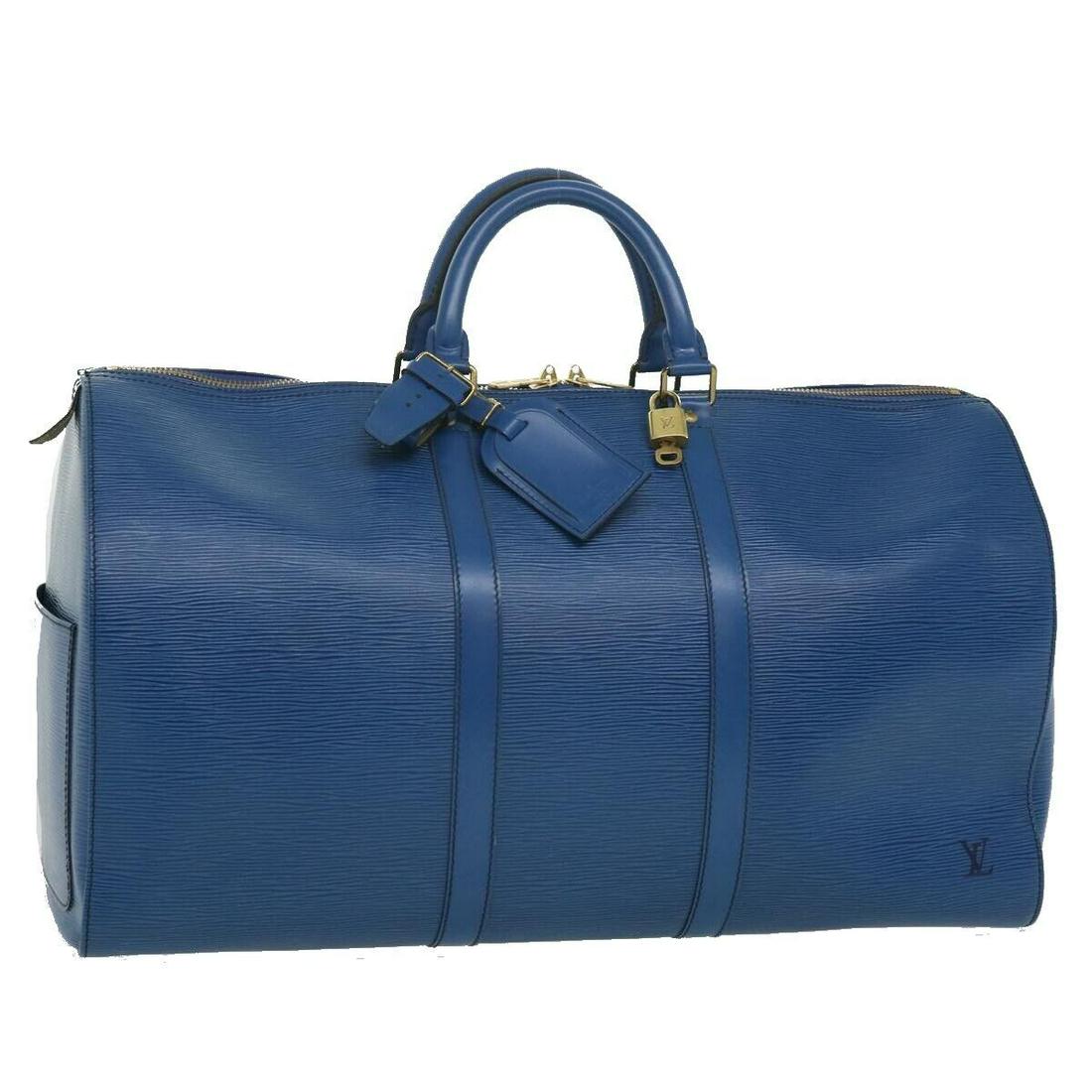 LOUIS VUITTON Epi Keepall 50 Boston Bag Blue M42965 LV: LOUIS VUITTON Epi Keepall 50 Boston Bag Blue M42965 LV Brand: LOUIS VUITTON Style: Boston Bag Material: Epi Leather Exterior Color: Blue Bag Height: 11.8inch(Approx) / 30cm(Approx) Bag Depth: 9.1inch(