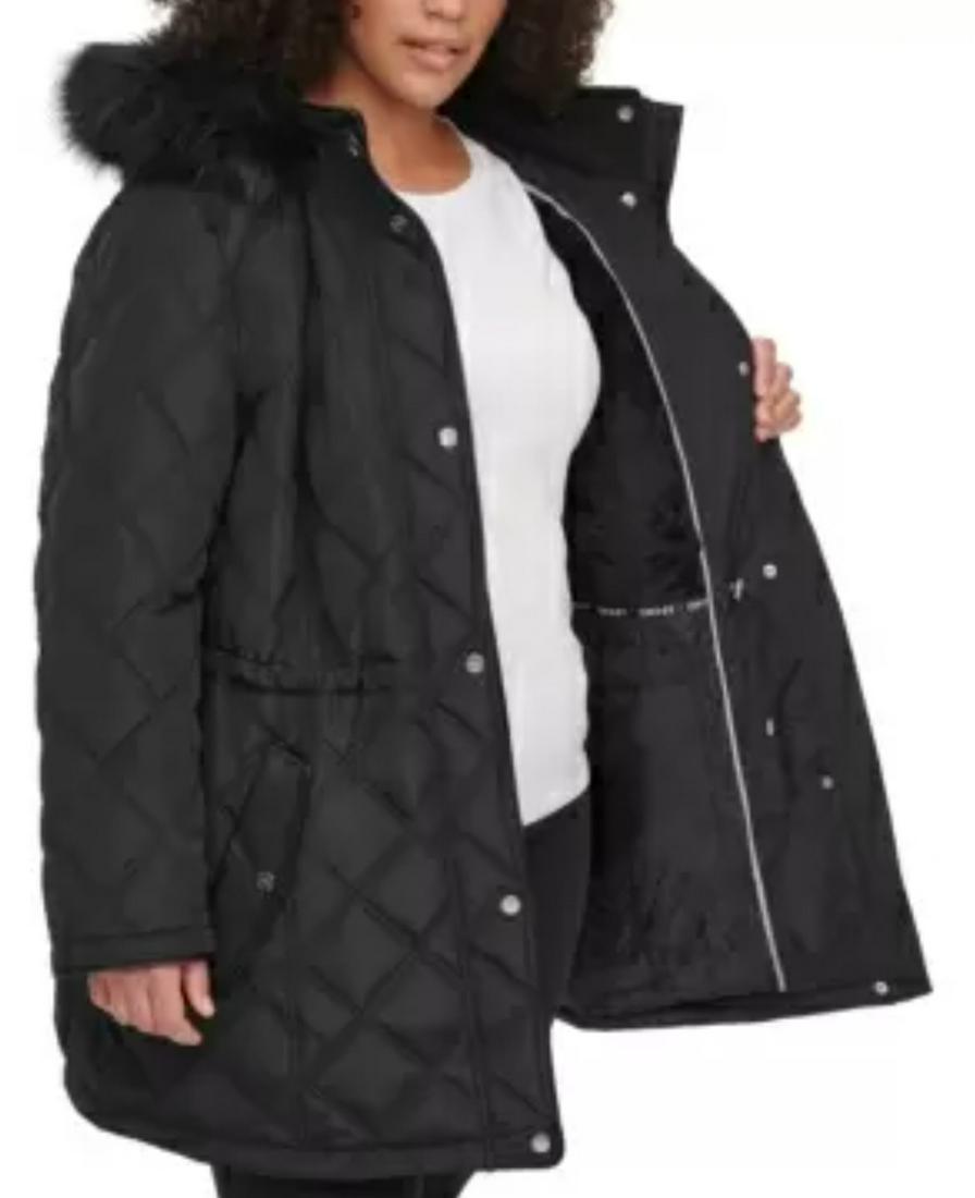 DKNY Womens Black Plus Size Faux Fur Trim Hooded Quilted Anorak B5714 Size 1X: DKNY Womens Black Plus Size Faux Fur Trim Hooded Quilted Anorak B5714 Size 1X Size: 1X Accents: Fur Trim Quilted Style: Anorak Outer Shell Material: Polyester Type: Coat Features: Hooded Color: Black