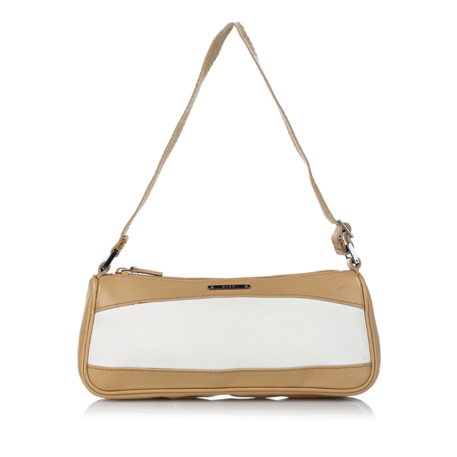 Gucci Canvas Baguette: Gucci Canvas Baguette This baguette features a canvas body with leather trim an adjustable flat strap and a top zip closure. Brand: Gucci Model: Canvas Baguette Origin: Italy Category: Bags Color: Bro