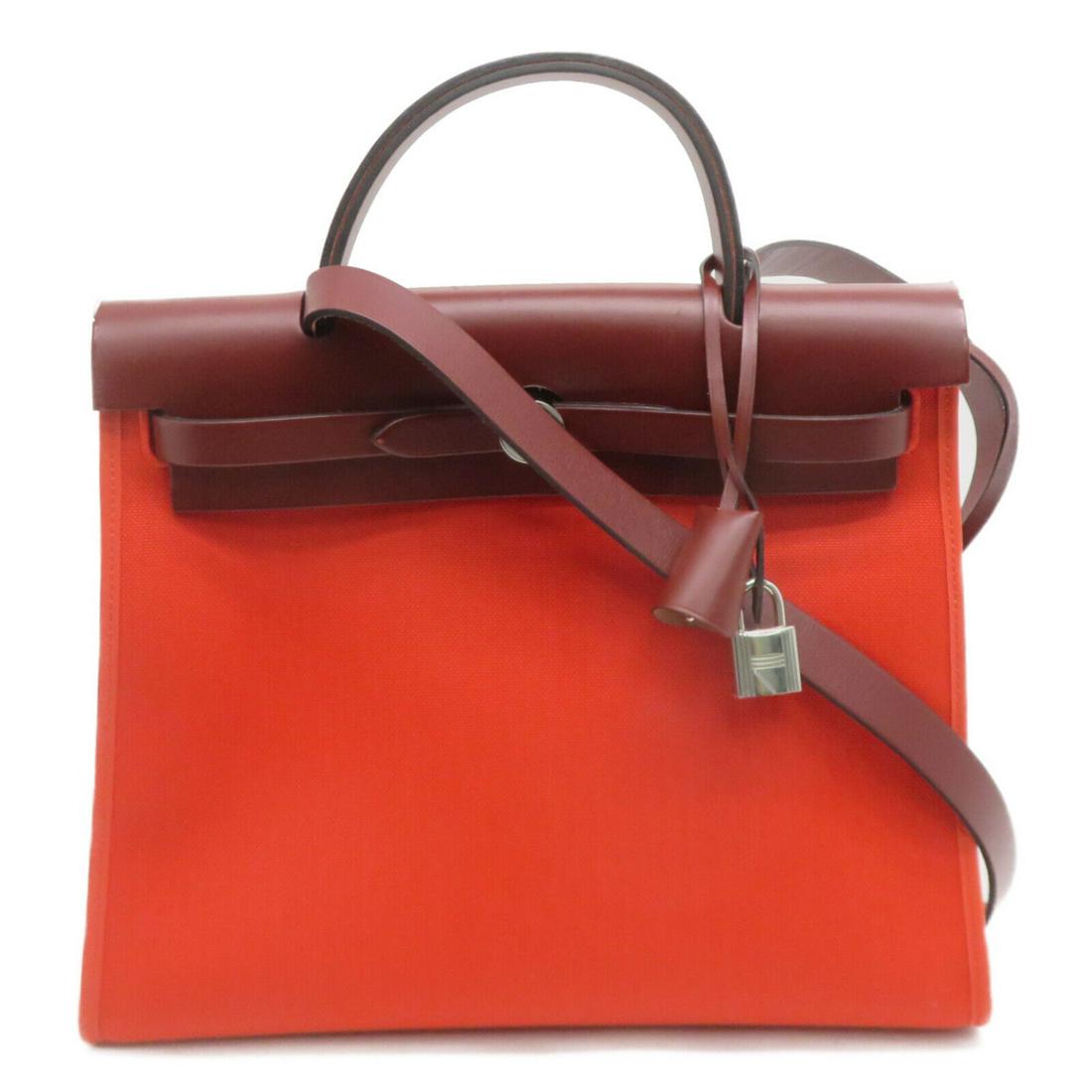 Hermes PHW Herbag PM 2 Way Shoulder Handbag Canvas Capucine 9T Orange: Hermes PHW Herbag PM 2 Way Shoulder Handbag Canvas Capucine 9T Orange Brand: HERMES Style: 2way handbag Exterior Material: canvas Exterior Color: Orange Bag Height: 8.7 Bag Depth: 3.9 Bag Length: 12.2