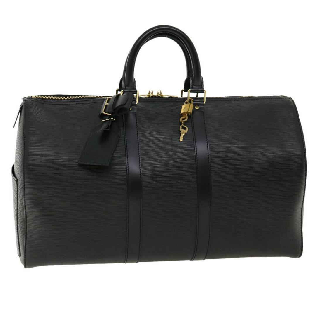 LOUIS VUITTON Epi Keepall 45 Boston Bag Black M42972 LV: LOUIS VUITTON Epi Keepall 45 Boston Bag Black M42972 LV Brand: LOUIS VUITTON Style: Boston Bag Material: Epi Leather Exterior Color: Black Bag Height: 11.0inch(Approx) / 28cm(Approx) Bag Depth: 8.3inc
