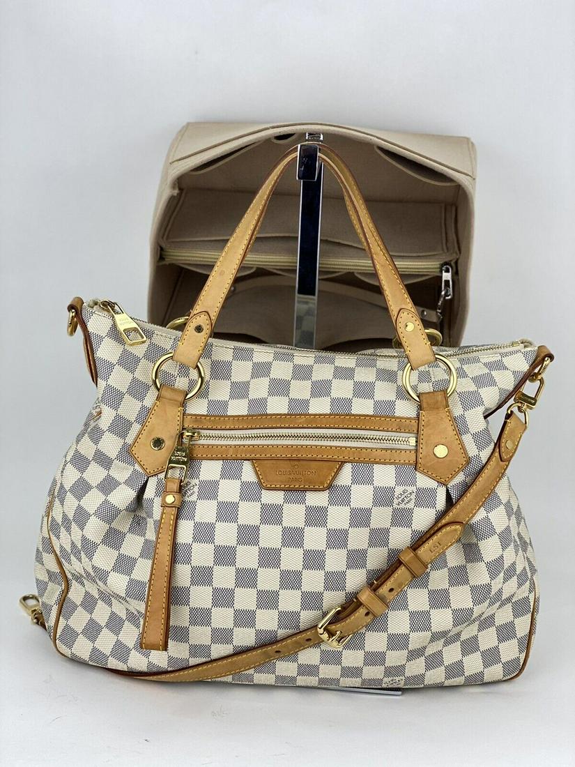 Louis Vuitton Handbag Evora MM Damier Azur White Canvas Hand Shoulder Bag A763: Louis Vuitton Handbag Evora MM Damier Azur White Canvas Hand Shoulder Bag A763 "Bag Width: 5" Shape: Rectangle Closure: Zip Handle/Strap Color: Beige Occasion: Casual Travel Size: Medium Hardware Colo