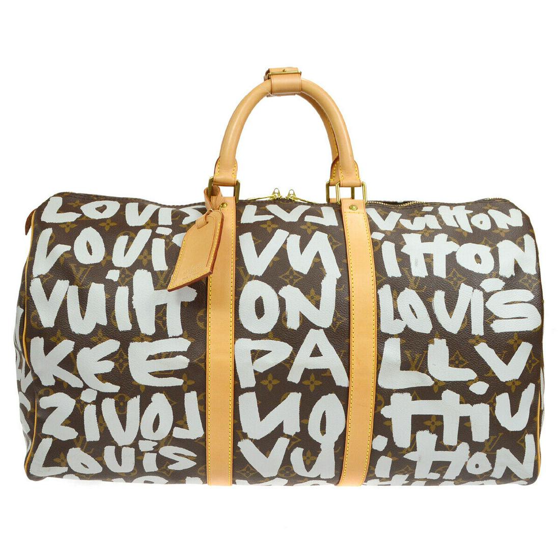 LOUIS VUITTON KEEPALL 50 TRAVEL HANDBAG MONOGRAM GRAFFITI M92197 FL0051: LOUIS VUITTON KEEPALL 50 TRAVEL HANDBAG MONOGRAM GRAFFITI M92197 FL0051 Size: Large Style: Travel Hand Bag Bag Height: 11.8 Exterior Color: Brown White Pattern: Monogram Exterior Material: Monogram Gr