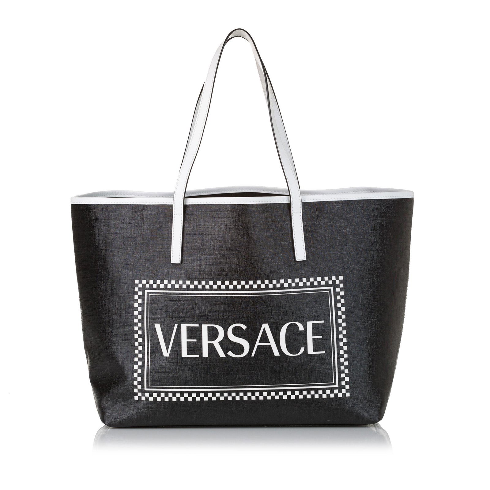 Versace Coated Canvas Tote Bag: Versace Coated Canvas Tote Bag This tote bag features a coated canvas body flat leather straps an open top and an interior zip pocket. Brand: Versace Model: Coated Canvas Tote Bag Origin: Italy Catego
