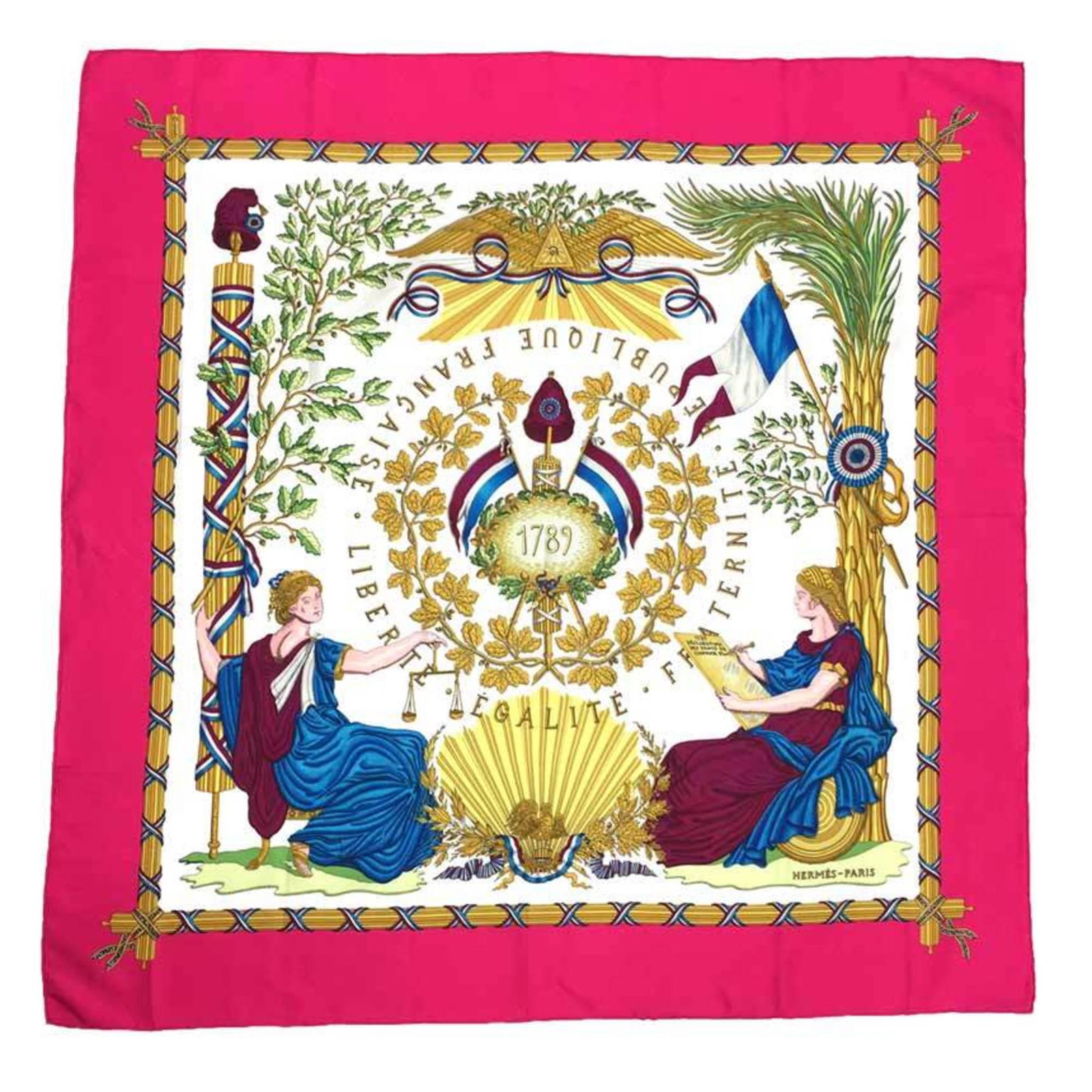 HERMES Hermes Scarf Carre 90 Muffler EGALITE FRATERNITE REPUBLIQUE FRANCAISE LIBERITE/1789/In: HERMES Hermes Scarf Carre 90 Muffler EGALITE FRATERNITE REPUBLIQUE FRANCAISE LIBERITE/1789/In Commemoration of the French Revolution Statue Liberty/Marianne Passion Pink x Multicolor Silk 100% Brand: 