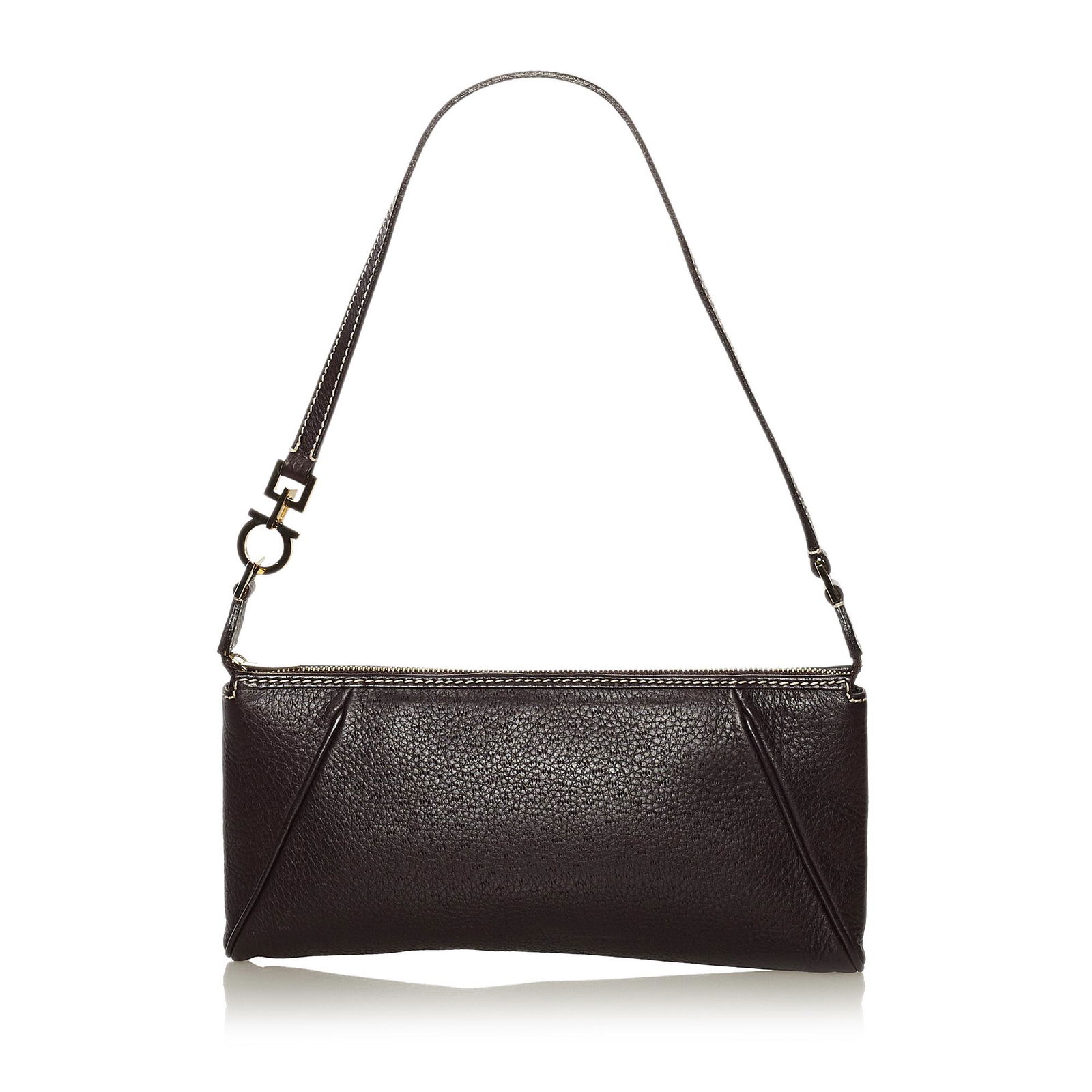 Ferragamo Leather Baguette: Ferragamo Leather Baguette This baguette features a leather body flat leather strap and a top zip closure. Brand: Ferragamo Model: Leather Baguette Origin: Italy Category: Bags Color: Black Style: Mat