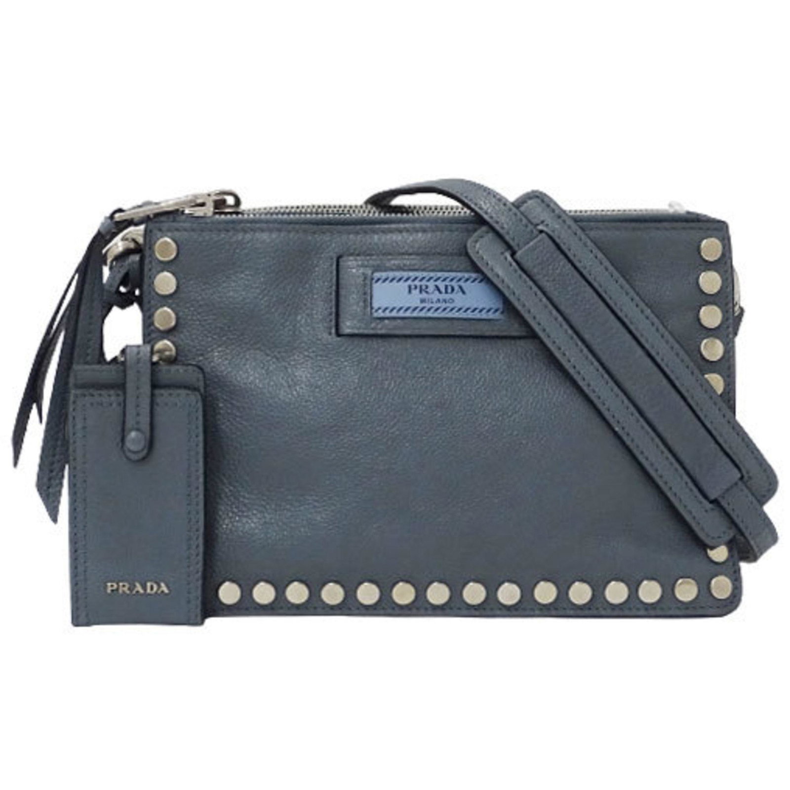Prada PRADA bag Lady's brand shoulder pochette etiquette leather 1BH077 light blue gray studs: Prada PRADA bag Lady's brand shoulder pochette etiquette leather 1BH077 light blue gray studs Brand: Prada Country of Origin: Italy Type: Pochette Shoulder bag Material: Leather Leather: Color: Light 