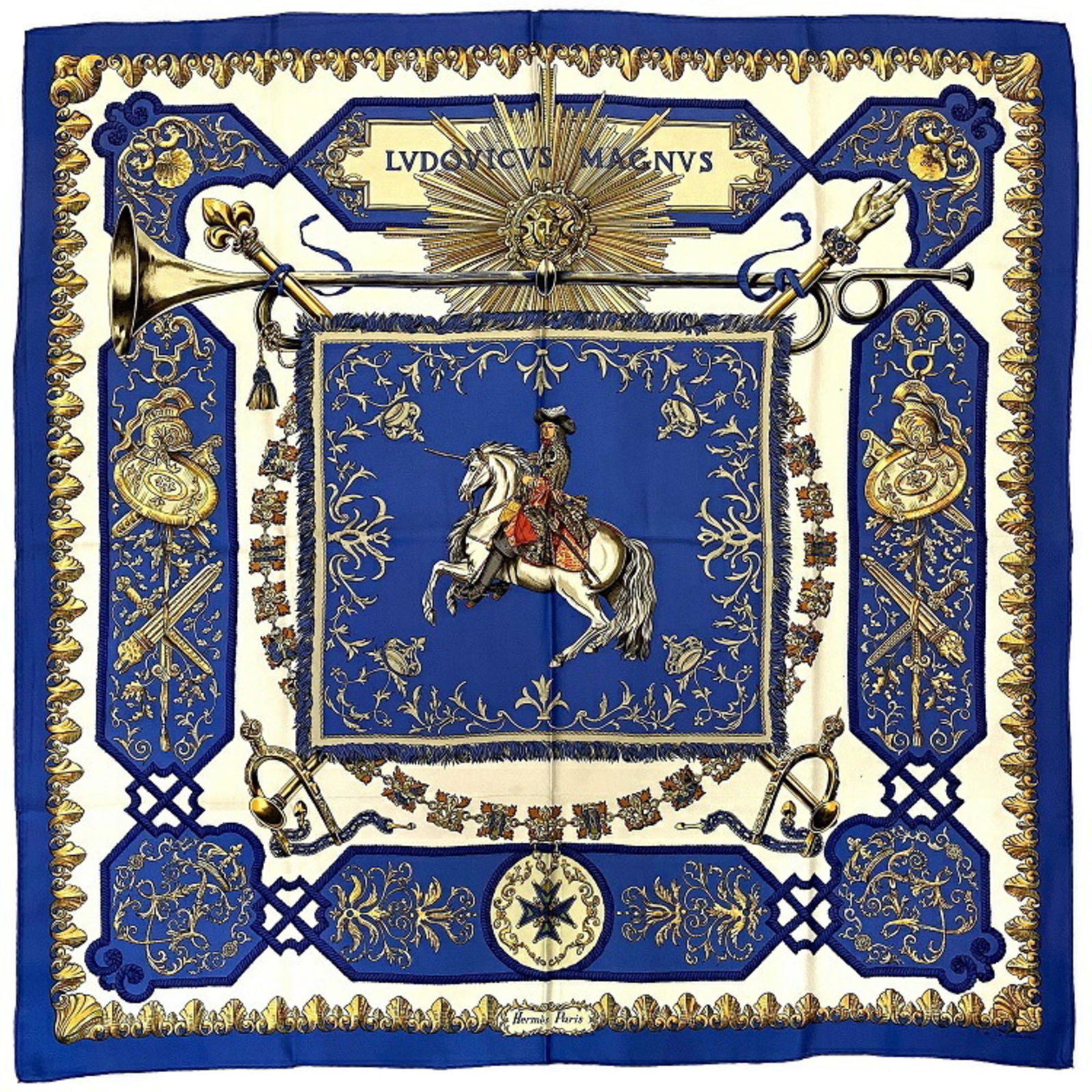 Hermes Scarf Muffler Carre 90 Blue White Gold Silk 100% HERMESDOVICVS MAGNVS Louis XIV Riding A: Hermes Scarf Muffler Carre 90 Blue White Gold Silk 100% HERMESDOVICVS MAGNVS Louis XIV Riding A Horse Large Women's Brand: Hermes Type: Scarf Color: Blue Gold White Material: Silk100% Silk: 100% Size