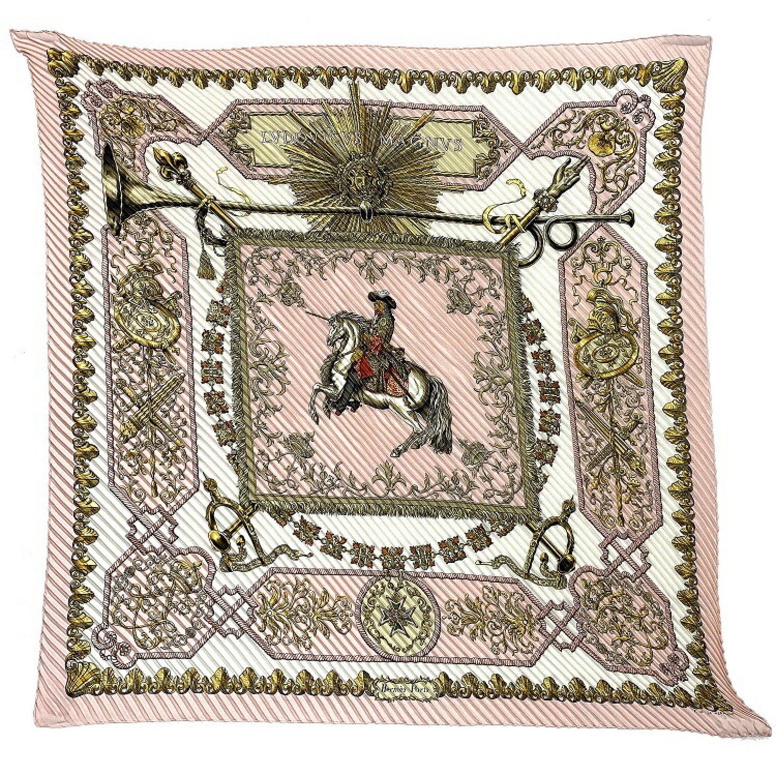 Hermes Pleated Carre 90 Pink White Silk 100% HERMES Scarf Muffler DOVICVS MAGNVS Louis XIV horse: Hermes Pleated Carre 90 Pink White Silk 100% HERMES Scarf Muffler DOVICVS MAGNVS Louis XIV horse ladies pleated scarf muffler straddling a Brand: Hermes Line: Pleated Scarf Type: Scarf Gender: Women C