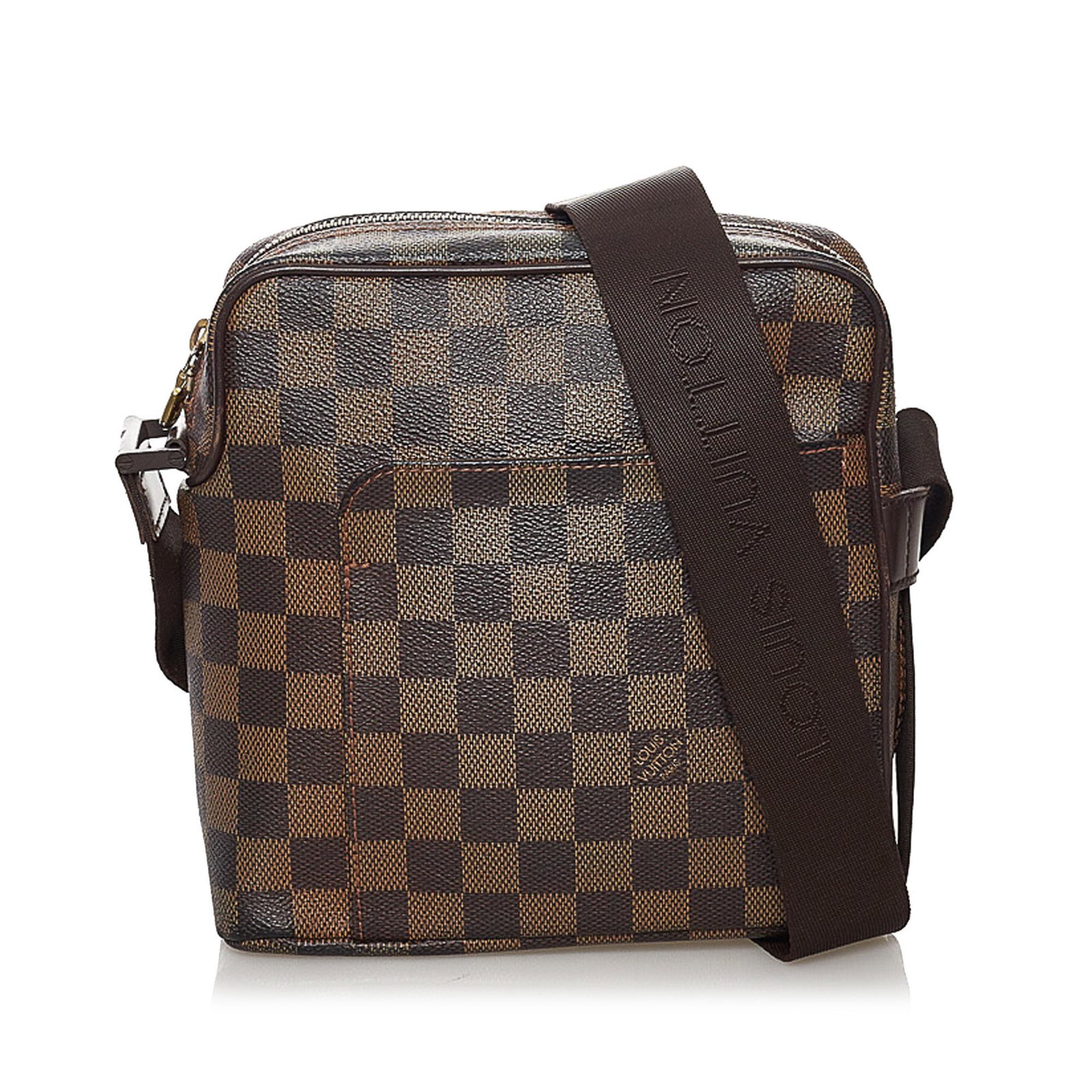 Louis Vuitton Damier Ebene Olav PM: Louis Vuitton Damier Ebene Olav PM The Olav PM features a damier ebene canvas body with leather trim a front exterior slip pocket an adjustable flat strap a top zip closure and an interior slip pocket