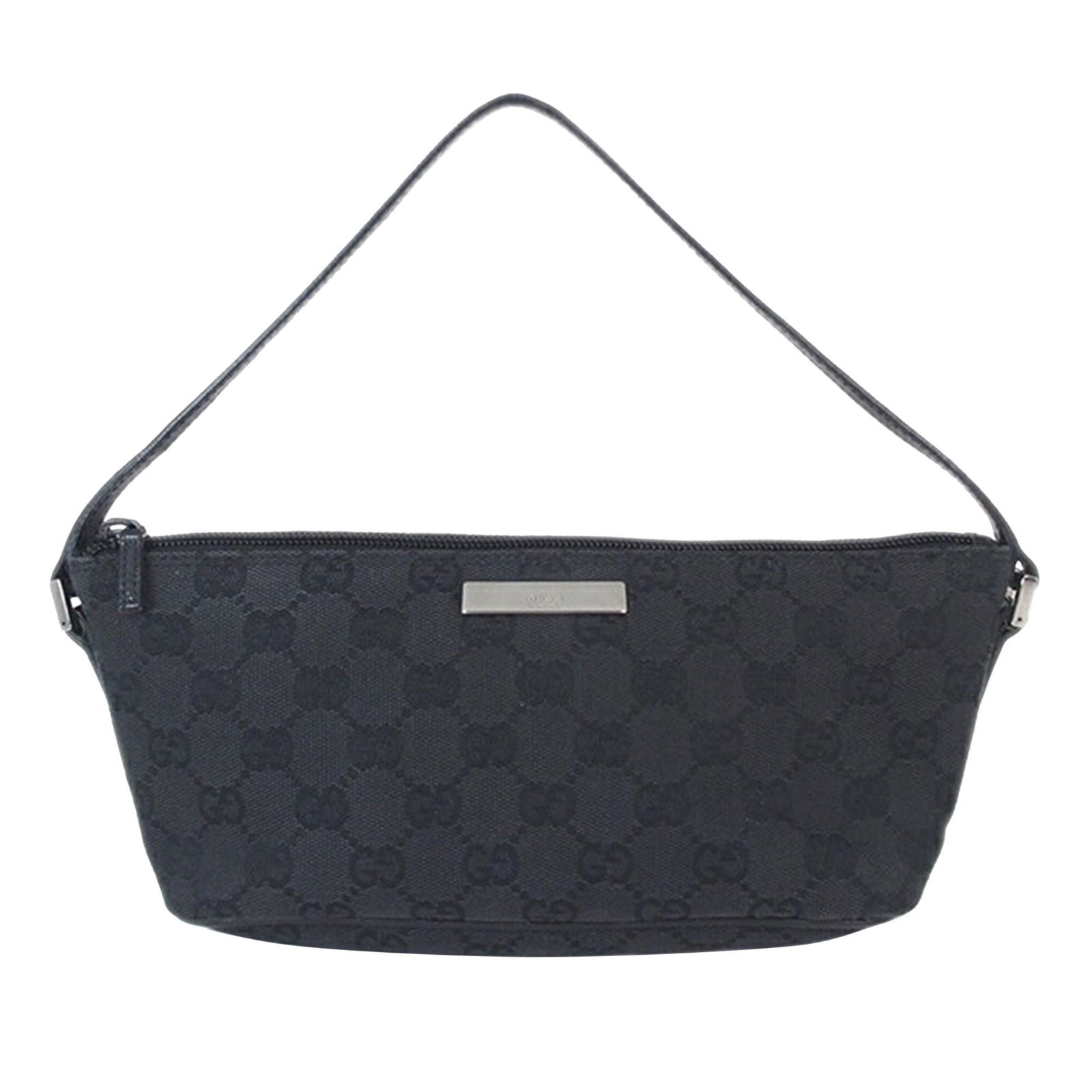 Gucci GG Canvas Boat: Gucci GG Canvas Boat This baguette features a GG Canvas body with leather trim a flat leather strap and a top zip closure. Brand: Gucci Model: GG Canvas Boat Origin: Italy Category: Bags Color: Black