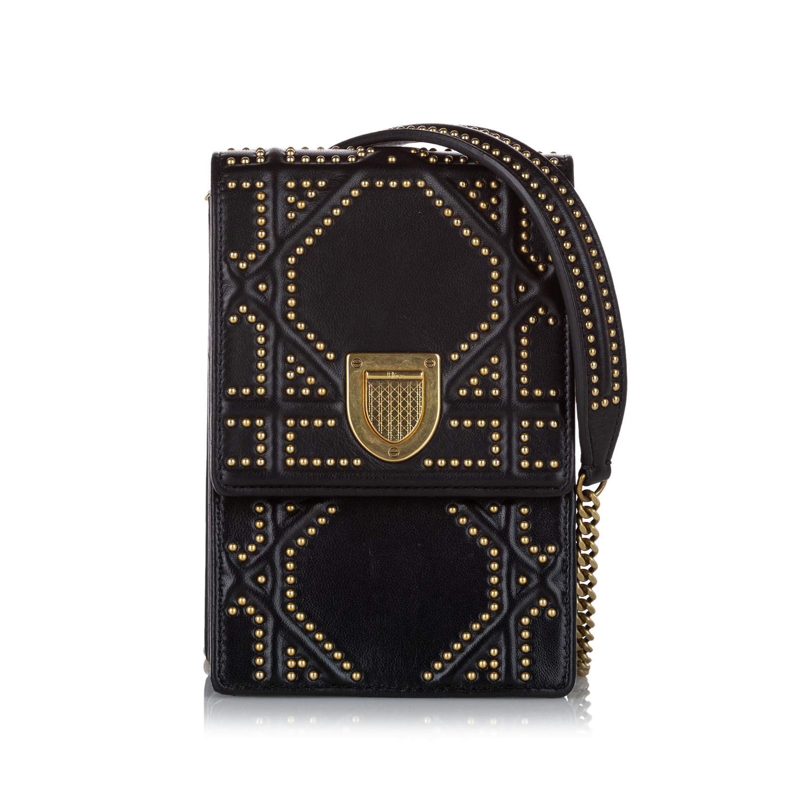 Diorama Studded Leather Crossbody Bag: Diorama Studded Leather Crossbody Bag The Diorama features a studded leather body a curb chain strap a front flap with a metal lock closure and interior zip and slip pockets. Brand: Dior Model: Dioram