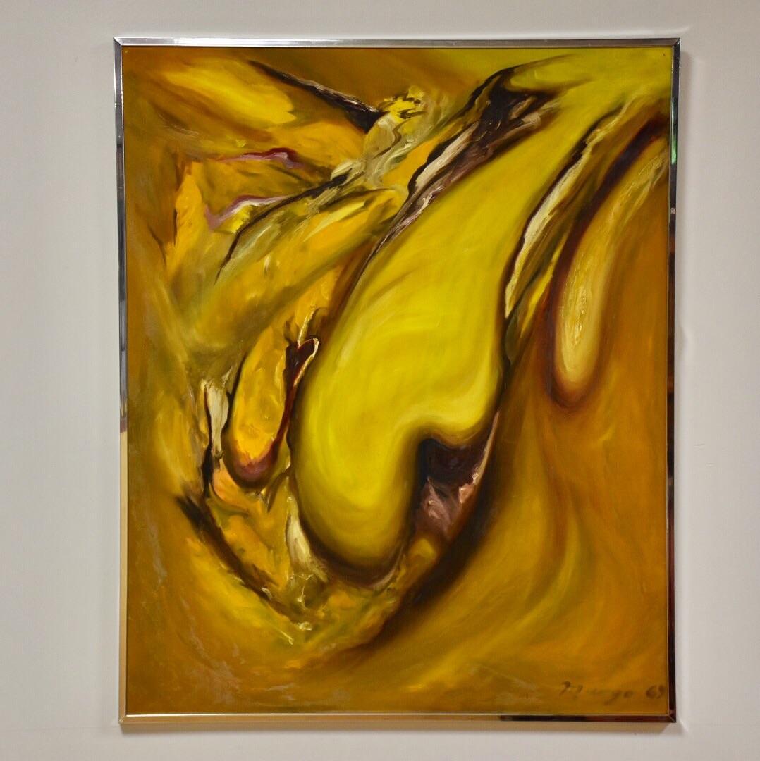 Boris Margo Abstract Painting: Boris Margo Abstract Painting A marvelous mid century modern abstract original painting in yellow and orange shades signed Margo 69. Dimensions: 36.5"W x 1"D x 45"H Styles: Mid-Century Modern Does it