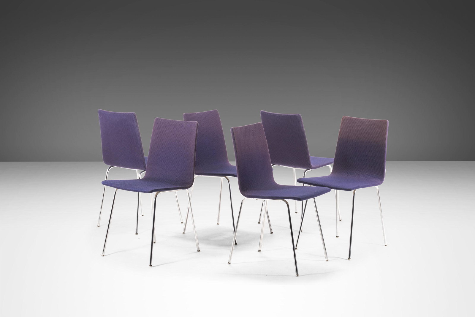 Set of 6 Minimal Chrome Dining Chairs Set on Petite Tubular Chrome Bases in Distressed Original: Set of 6 Minimal Chrome Dining Chairs Set on Petite Tubular Chrome Bases in Distressed Original Ombre Purple Fabric West Germany c. 1970s Set of 6 Minimal Chrome Dining Chairs Set on Petite Tubular Ch