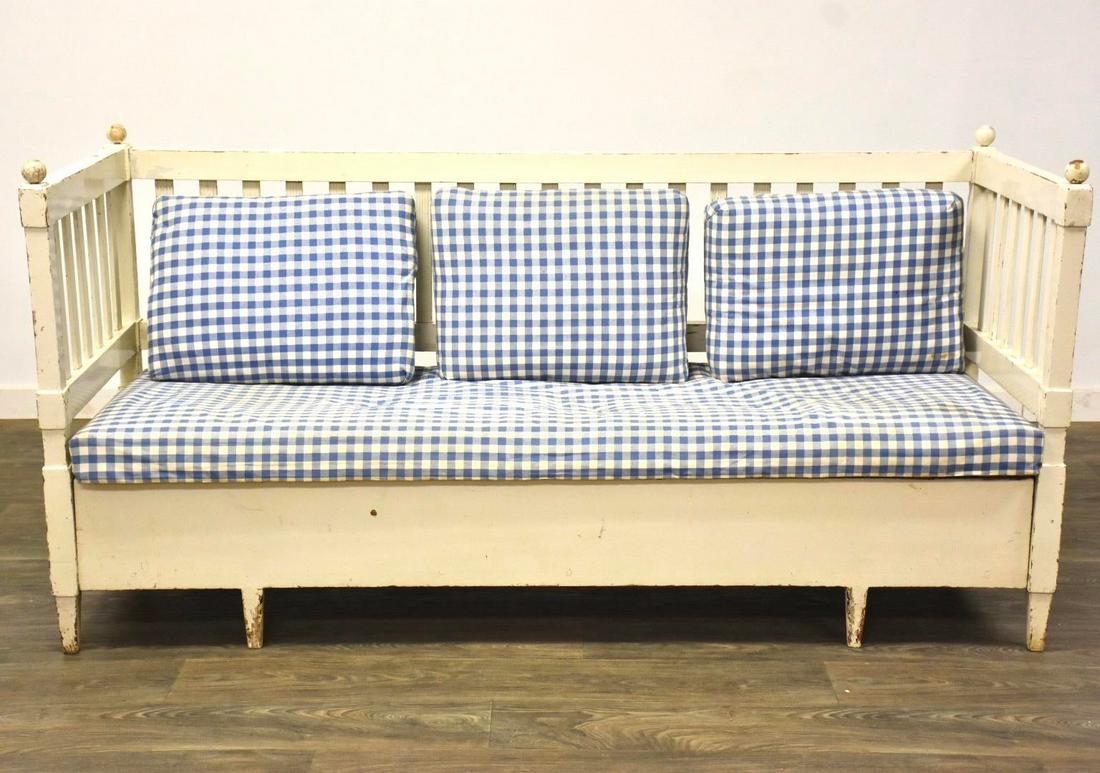 18th Century White Swedish Daybed Bench Sofa: 18th Century White Swedish Daybed Bench Sofa A beautiful 18th century painted white daybed bench or sofa. Aged patina through out resulting in a shabby chic like finish. Comes with horse hair pillows.