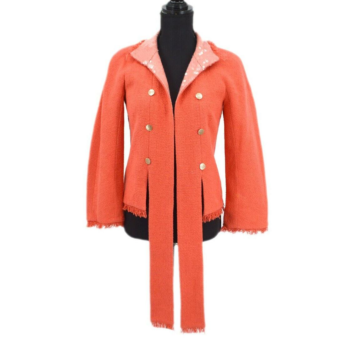 CHANEL 08C #36 CC Logos Button sequin Long Sleeve Coat Jacket Red: CHANEL 08C #36 CC Logos Button sequin Long Sleeve Coat Jacket Red Outer Shell Material: 100% Cotton Jacket/Coat Length: Short Sleeve Length: Long Sleeve Occasion: Party/Cocktail Size: 36 Color: Red Li
