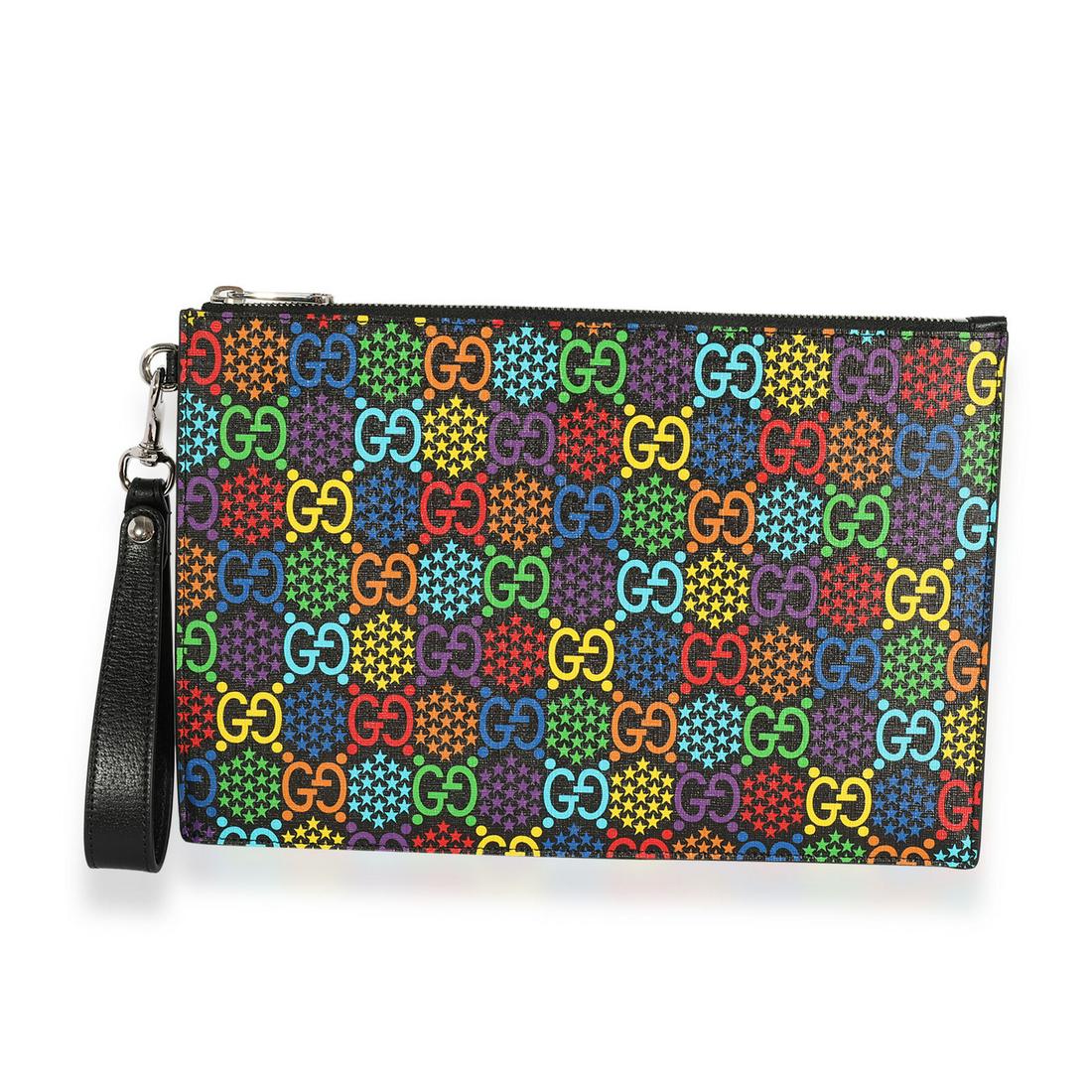 Gucci Multicolor GG Psychedelic Zip Pouch: Gucci Multicolor GG Psychedelic Zip Pouch Dimensions: 12 x 8 x 1 Handbag Accessories: Box;Dustbag;Care Booklet Bag Length: 12 in Bag Depth: 1 in Bag Height: 8 in Style: Evening Bag;Pouch Material: Can