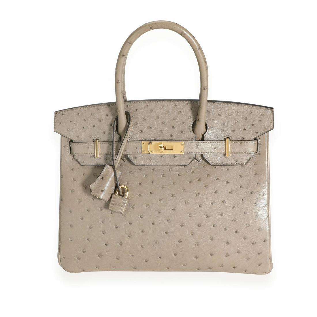 Hermes Gris Tourterelle Ostrich Birkin 30 GHW: Hermes Gris Tourterelle Ostrich Birkin 30 GHW Dimensions: 11.5 x 9 x 6 Handbag Accessories: Clochette;Dustbag;Lock;Key;Felt Protector Bag Length: 11.5 in Bag Depth: 6 in Bag Height: 9 in Style: Top Ha