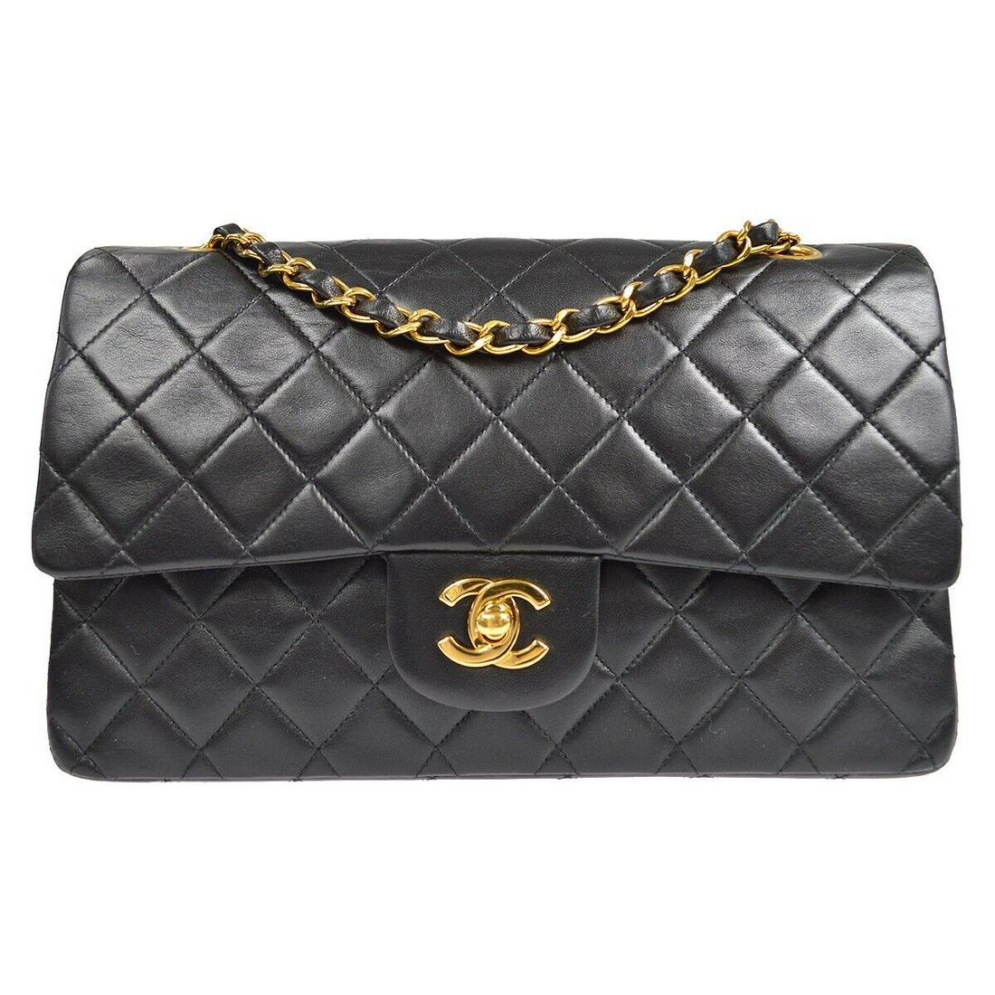 CHANEL Classic Double Flap Medium Shoulder Bag Black Lambskin 3765779: CHANEL Classic Double Flap Medium Shoulder Bag Black Lambskin 3765779 Bag Width: 10 in Pattern: Matelasse Closure: Turn Lock Bag Height: 6 in Handle/Strap Color: Black Size: Medium Handle Style: Shoul
