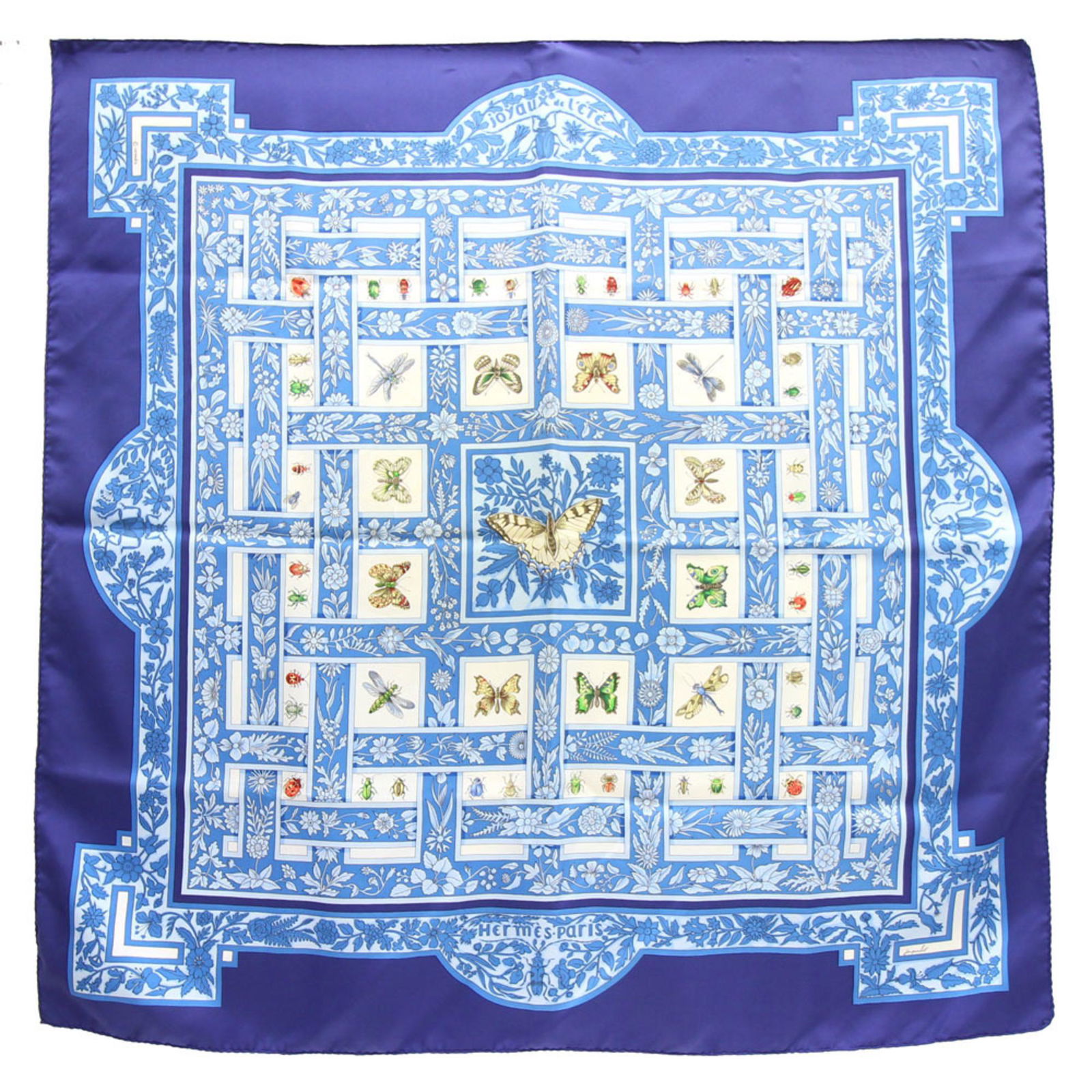 Hermes Scarf Carre 90 "Summer Jewels" Blue Multicolor Silk 100% joyaux de l'ete Stall Bandana Large: Hermes Scarf Carre 90 "Summer Jewels" Blue Multicolor Silk 100% joyaux de l'ete Stall Bandana Large Format Butterfly Brand: Hermes Type: Scarf Color: Blue Multi-color Material: Silk100% Silk: 100% Siz