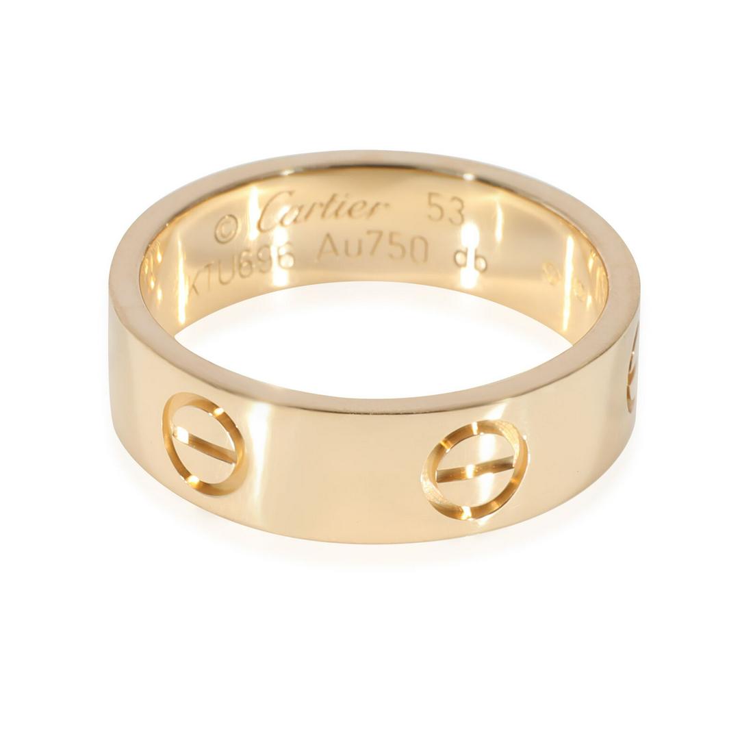Cartier Love Ring in 18k Yellow Gold: Cartier Love Ring in 18k Yellow Gold Original Box?: Yes Original Papers?: Yes Side Stone Type: No Stone Metal Purity: 18k Gross Weight (Grams): 6.13 Product Line: Love Type: Ring Includes: Box;Certifi