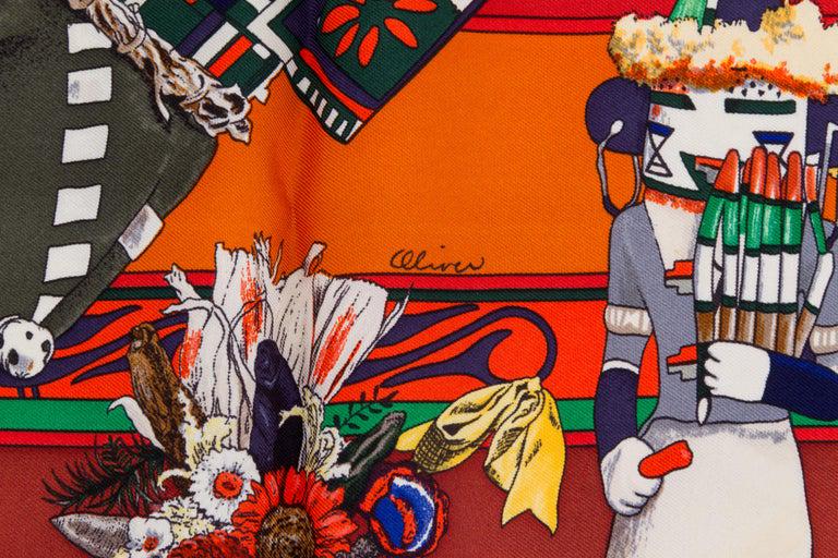 Hermes Rust Kachinas Silk Scarf Kermit Oliver: Hermes Rust Kachinas Silk Scarf Kermit Oliver Designer: Hermes Brand: Hermes Dimensions: Height: 35 in (88.9 cm) Dimensions: Length: 35 in (88.9 cm) Place of Origin: France Period: 21st Century Pre-Ow
