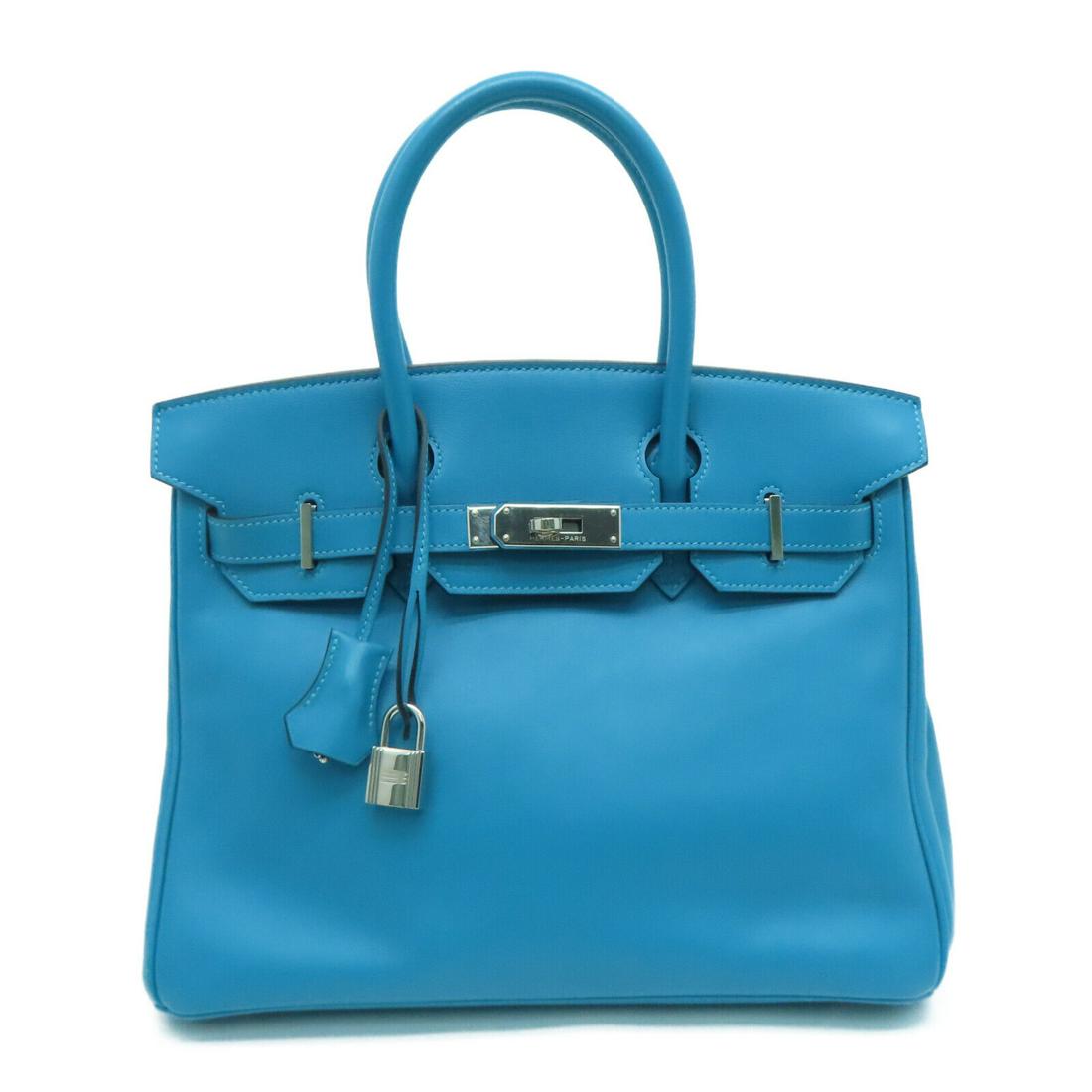 Hermes PHW Birkin 30 Handbag Swift Leather Turquoise Blue: Hermes PHW Birkin 30 Handbag Swift Leather Turquoise Blue Brand: HERMES Style: Handbag Exterior Material: Calfskin (cowhide) Exterior Color: Blue Bag Height: 8.7 Bag Depth: 5.9 Bag Length: 11.8 Size T