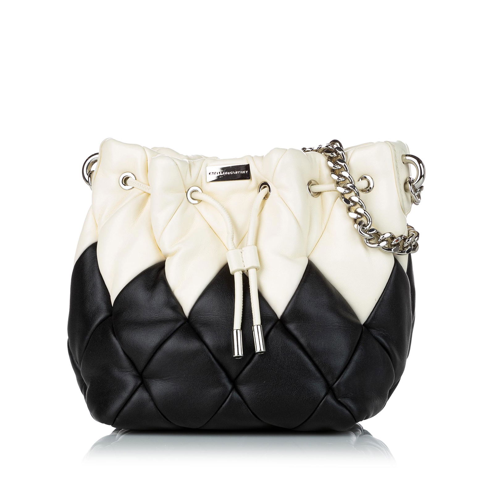Stella McCartney Quilted Leather Bucket Bag: Stella McCartney Quilted Leather Bucket Bag This bucket bag features a leather body silver-tone chain straps and a top drawstring and magnetic closure. Brand: Stella McCartney Model: Quilted Leather B