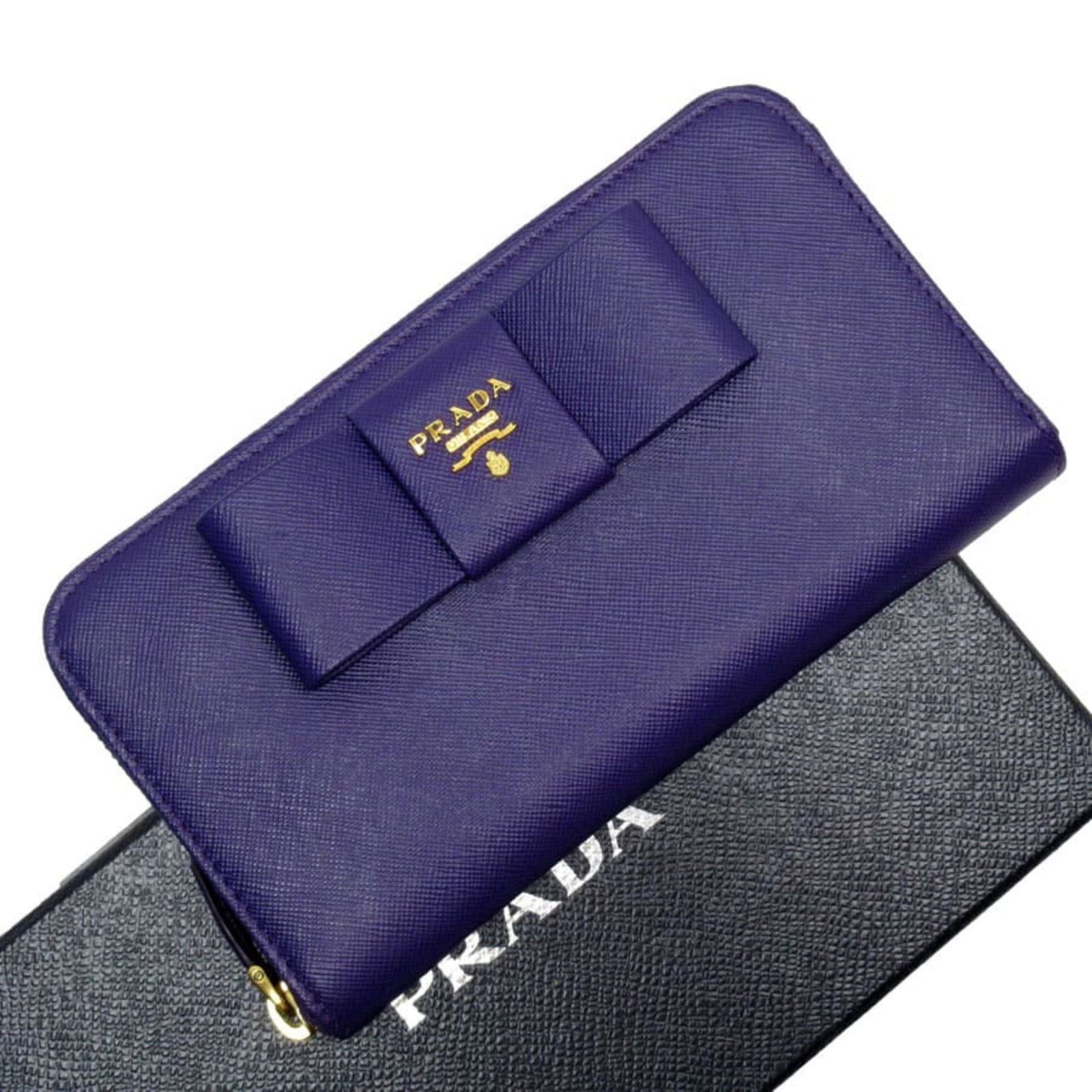 Prada Prada Round Zipper Long Wallet Purple X Gold Saffiano