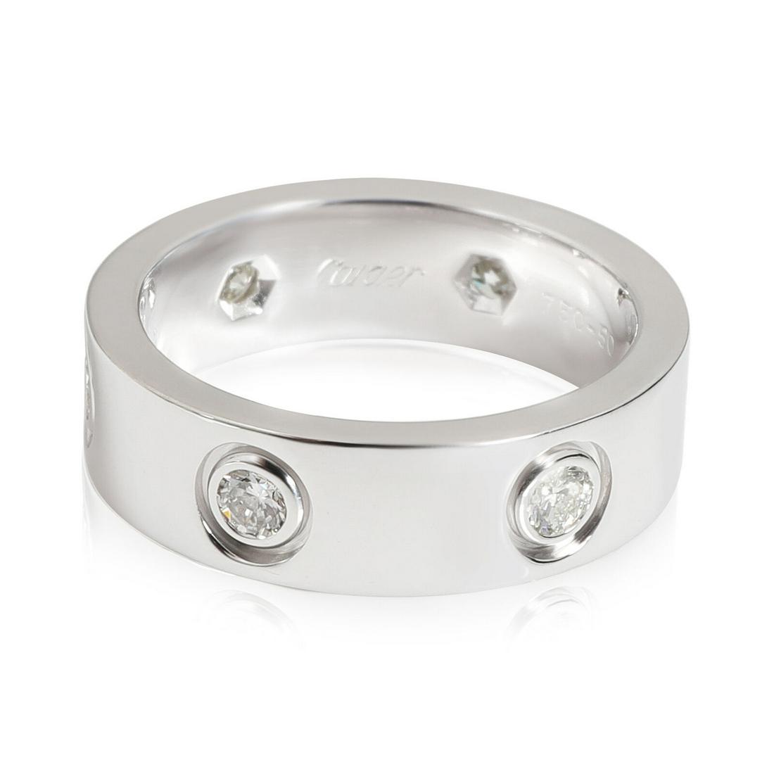 Cartier LOVE Diamond Ring in 18k White Gold 0.46 CTW: Cartier LOVE Diamond Ring in 18k White Gold 0.46 CTW Side Stone Shape: Round Brilliant Side Stone Type: Diamond Side Stone Weight (Cts): 0.46 Side Stone Color: DEF Side Stone Quality: VVS Metal Purity