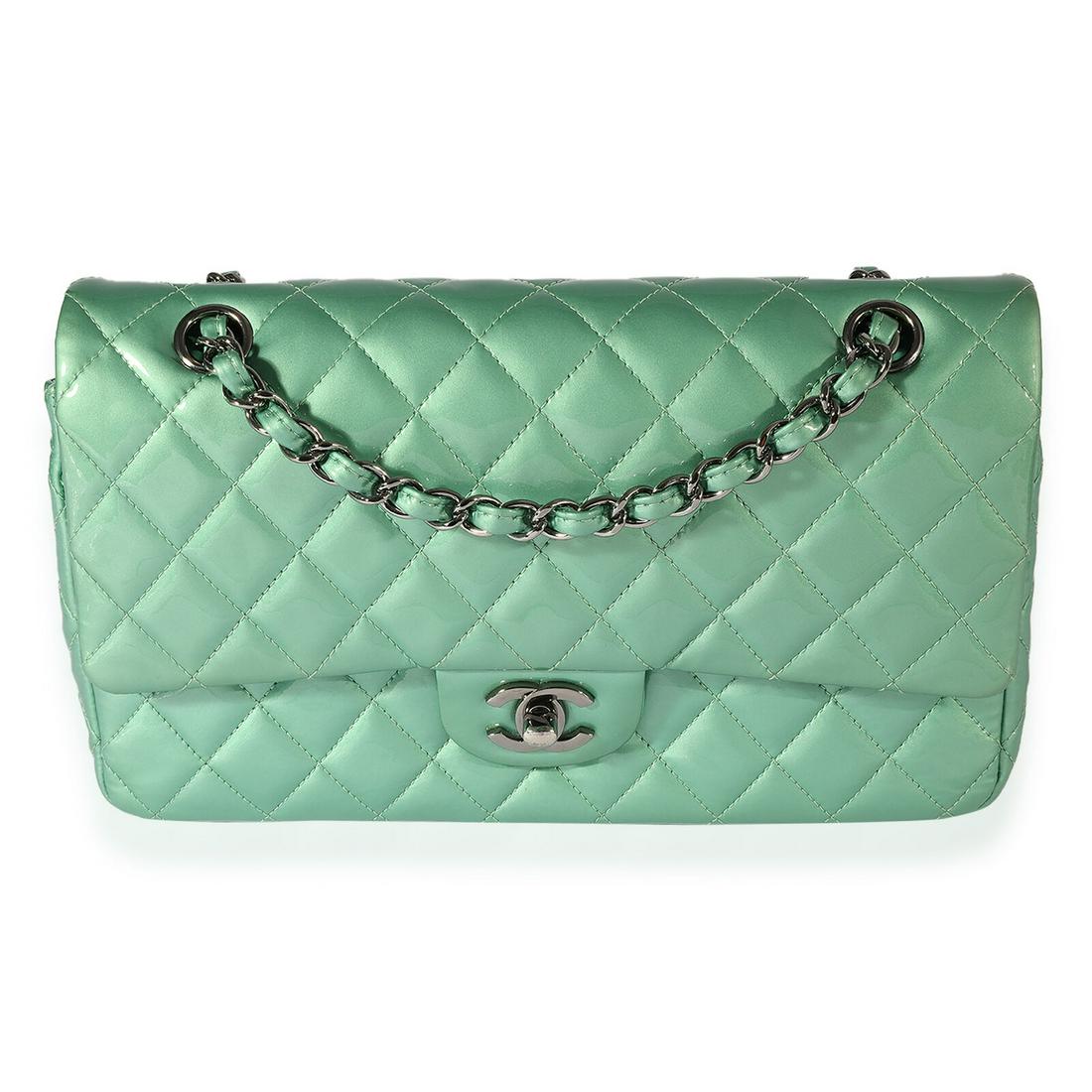 Chanel Seafoam Quilted Patent Leather Medium Classic Double Flap Bag: Chanel Seafoam Quilted Patent Leather Medium Classic Double Flap Bag Dimensions: 10.5 x 6 x 2.5 Handbag Accessories: None Bag Length: 10.5 in Bag Depth: 2.5 in Bag Height: 6 in Style: Evening Bag;Shou