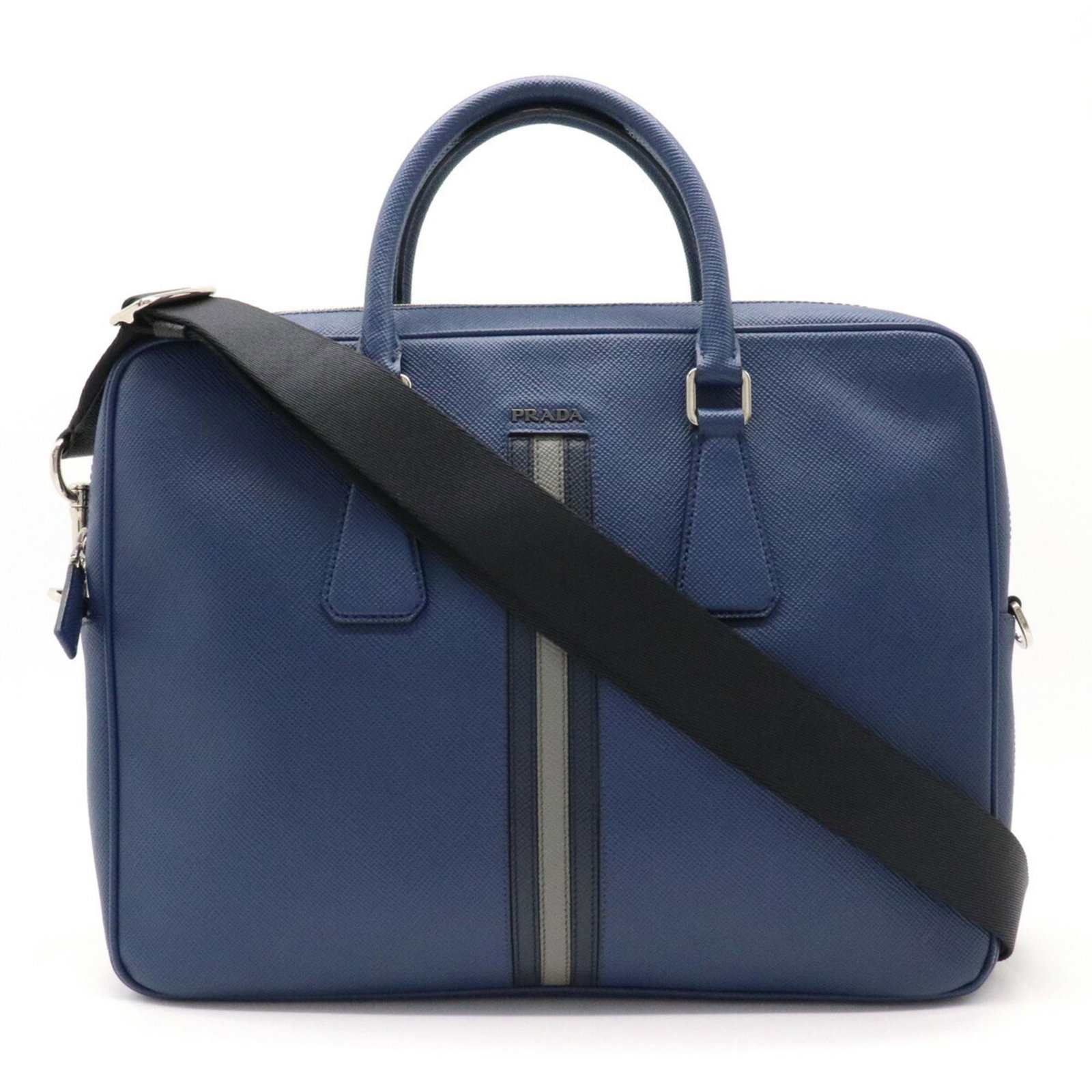 PRADA Prada Saffiano stripe business bag briefcase shoulder leather navy gray 2VE368: PRADA Prada Saffiano stripe business bag briefcase shoulder leather navy gray 2VE368 Brand: Prada Line: Saffiano Type: Briefcase Shoulder bag Material: Leather Leather: Color: Gray Navy Closure: Zippe