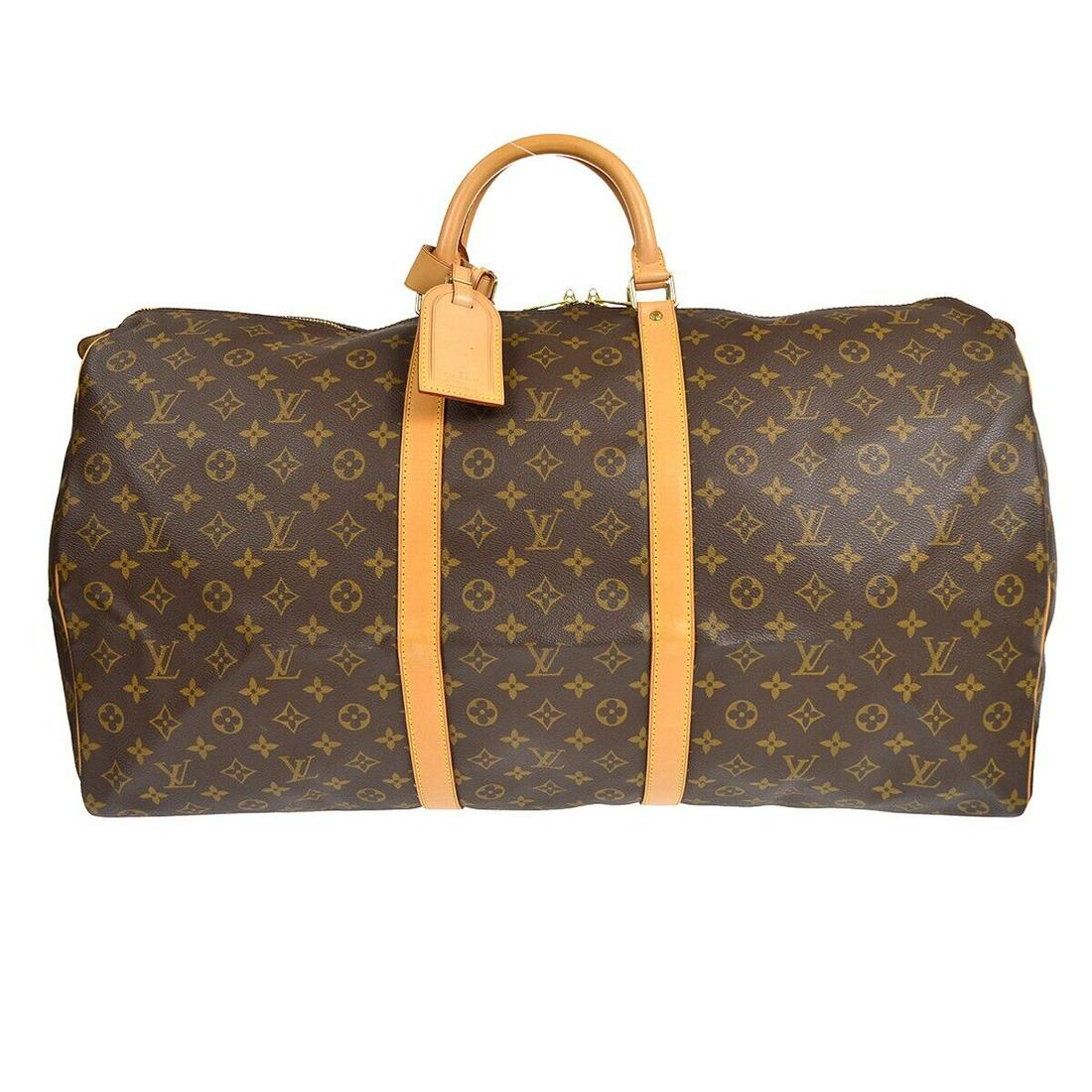 LOUIS VUITTON KEEPALL 60 TRAVEL HANDBAG PURSE MONOGRAM M41422 SP1928: LOUIS VUITTON KEEPALL 60 TRAVEL HANDBAG PURSE MONOGRAM M41422 SP1928 Bag Width: 23 in Pattern: Monogram Closure: Zip Bag Height: 12 in Occasion: Travel Handle/Strap Color: Beige Size: Extra Large Hand
