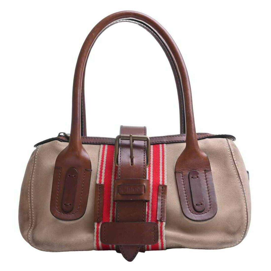 Chloe - Beige Brown Red Nubuck Leather Cotton Handbag: Chloe - Beige Brown Red Nubuck Leather Cotton Handbag Brand: Chloe Style: Handbag Exterior Color: Beige Brown Red Exterior Material: Nubuck Leather Cotton Accessories: None Type: Handbag C: Heavily Us