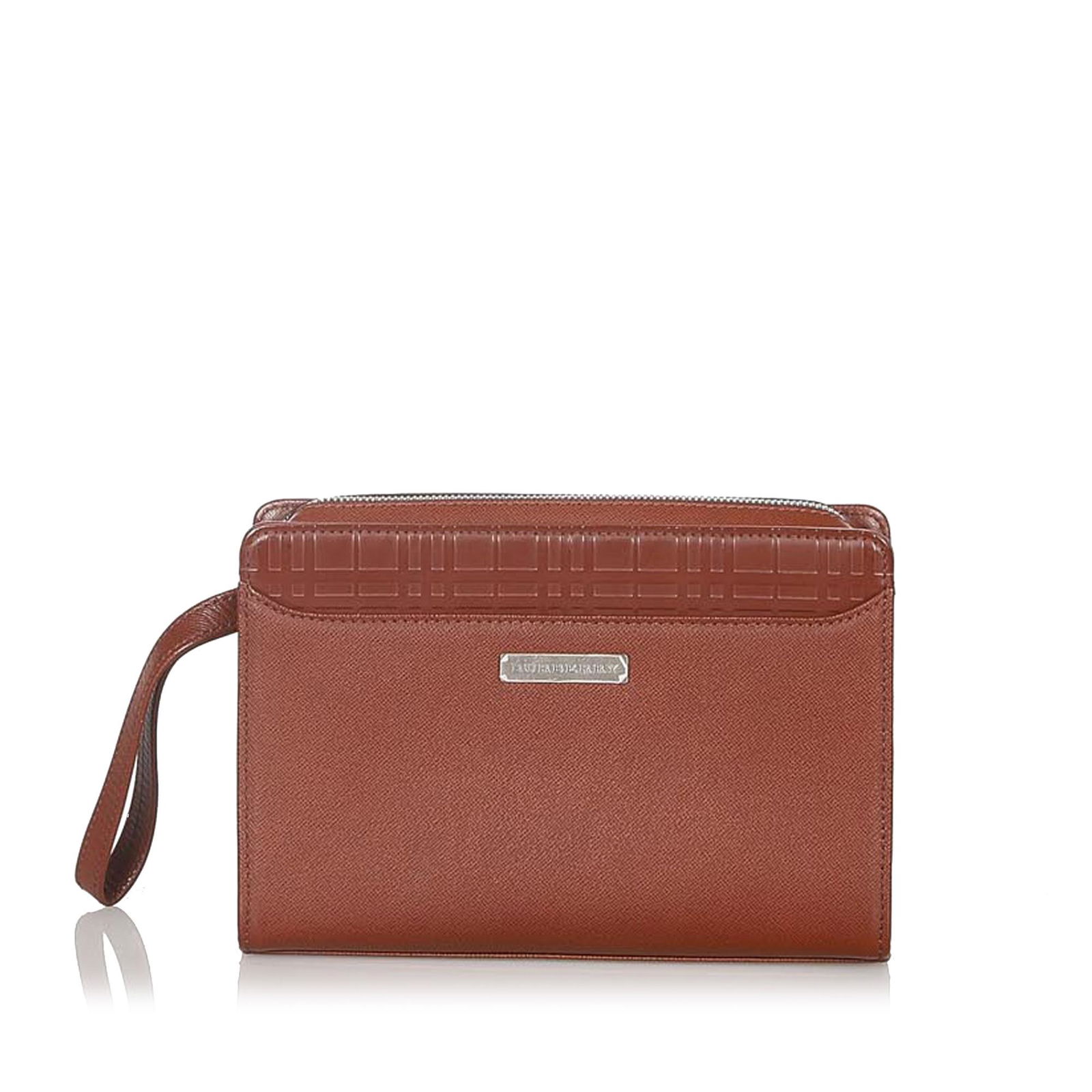Burberry Leather Clutch Bag: Burberry Leather Clutch Bag This clutch bag features a leather body an exterior front slip pocket a flat wrist strap a top zip closure and an interior zip pocket. Brand: Burberry Model: Leather Clutch