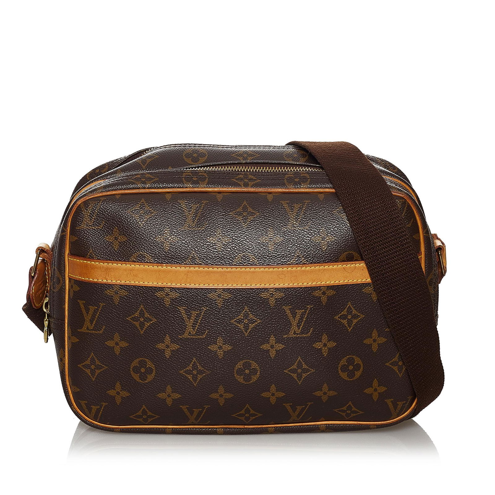 Louis Vuitton Monogram Reporter PM: Louis Vuitton Monogram Reporter PM The Reporter PM features a monogram canvas body with leather trim a front exterior slip pocket an adjustable flat strap double compartments with top zip closures and